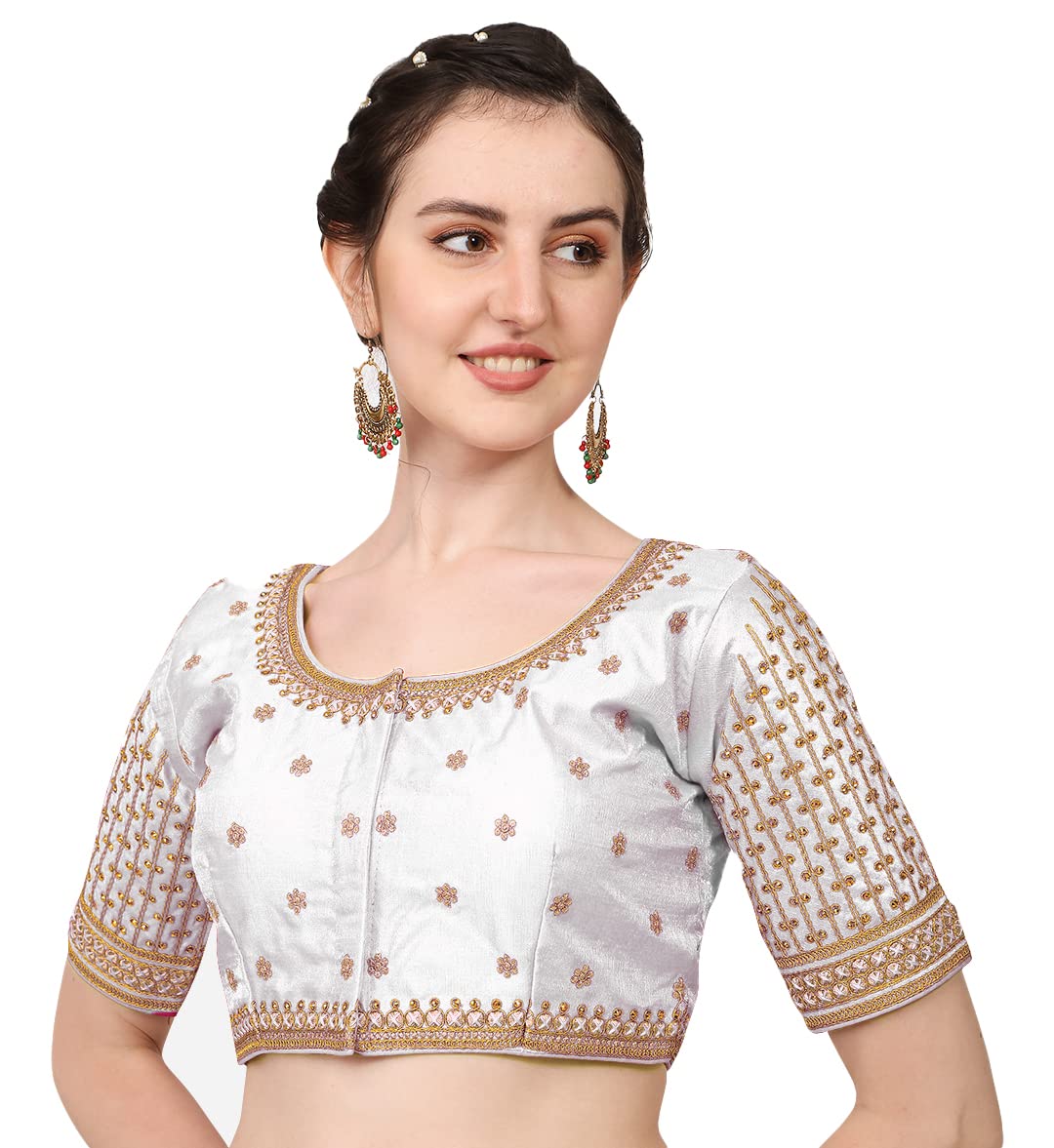 Pujia Mills Women's Cobra Silk Embroidery Coding Stone Work Half Sleeve Saree Blouse