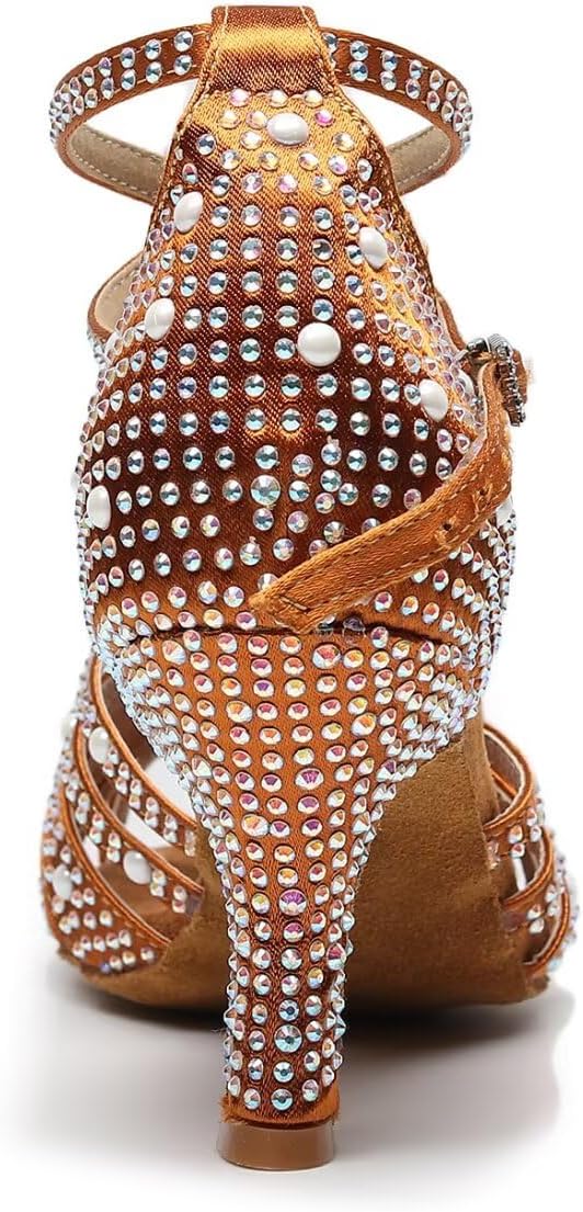 Women's Rhinestone Latin Dance Shoes - Comfortable Satin Salsa Bachata Heels for Wedding Party Performance & Practice (3'' Heel) - Image 4