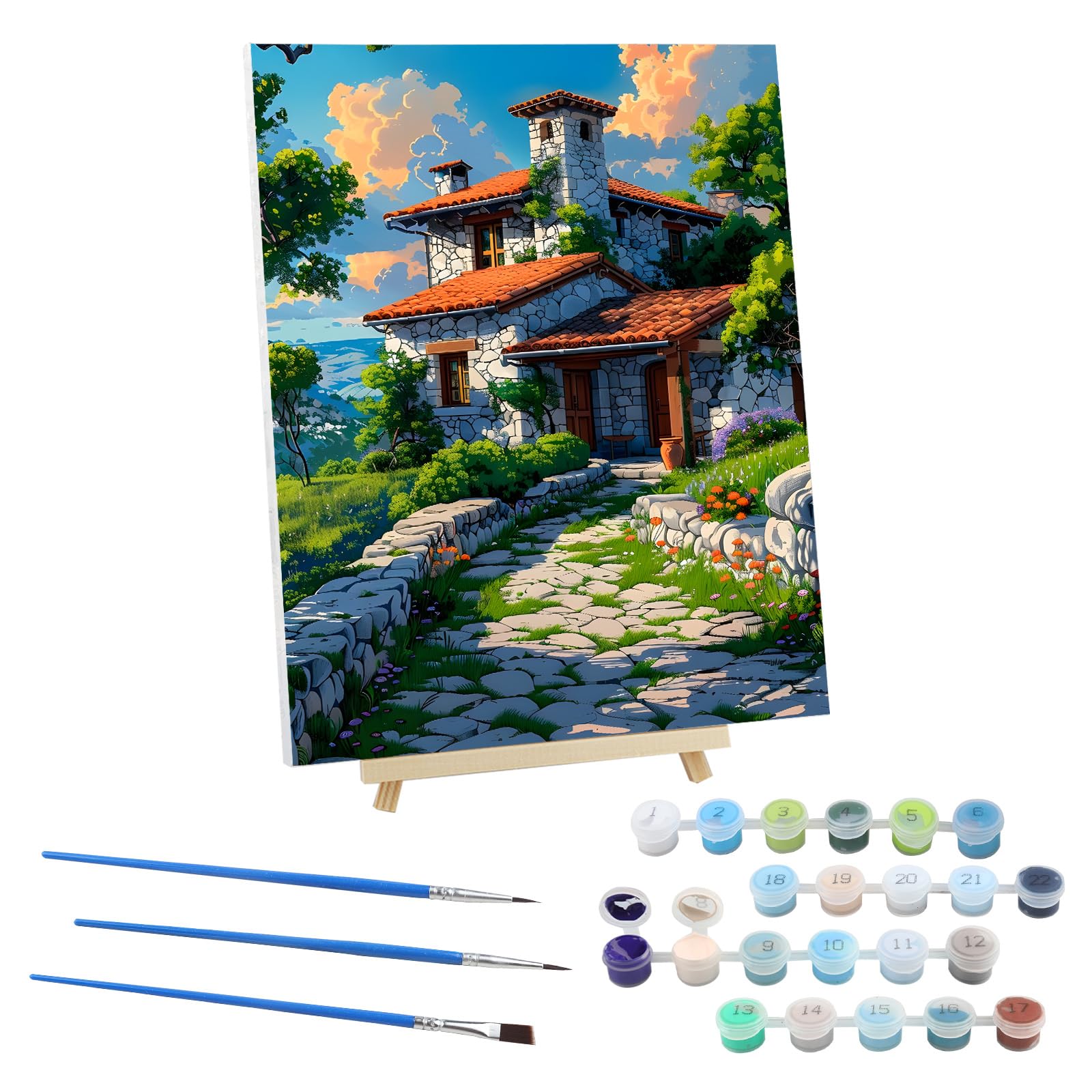 EOBROMD House Paint by Numbers for Adults on Framed Canvas, Slate Path Paint by Numbers Kits with Wood Easel, Flower Oil Acrylic Craft Art Painting Kits for Home Wall Decor 12x16 in