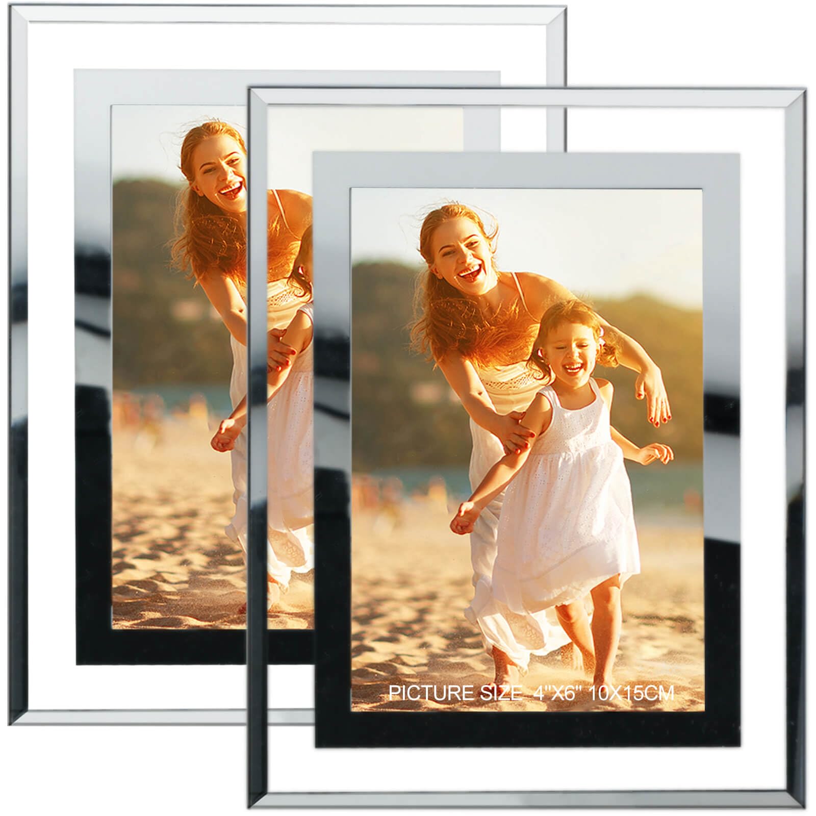 4x6 Picture Frames Silver - Set of 2, HD Real Glass 4 by 6 Photo Frame Mirrored Edge Great Gift, for Tabletop Display (4 x 6, Silver)