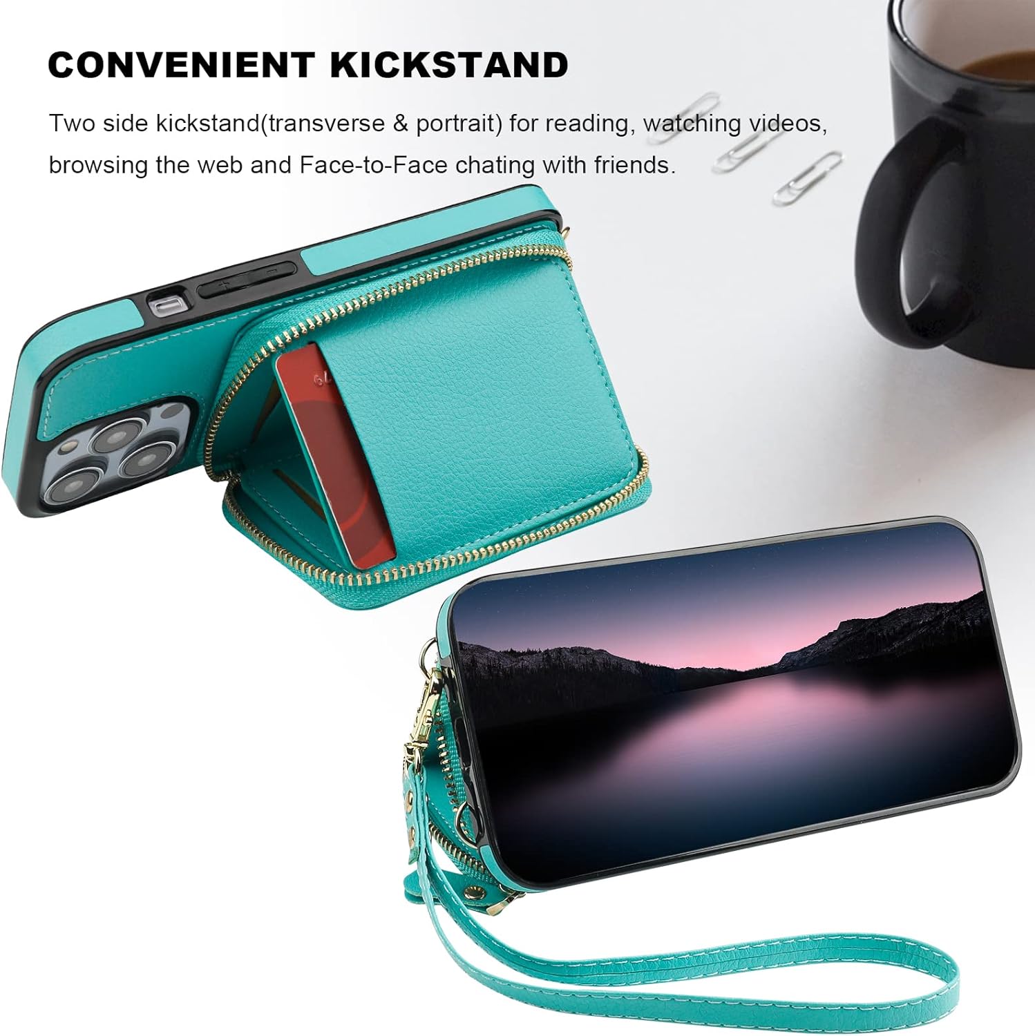Bocasal RFID Blocking Wallet Case for iPhone 14 Pro, Adjustable Crossbody Zipper Purse Case Card Holder with Kickstand Detachable Wrist Strap, PU Leather Flip Folio Case 6.1 Inch 5G (Mint Green)