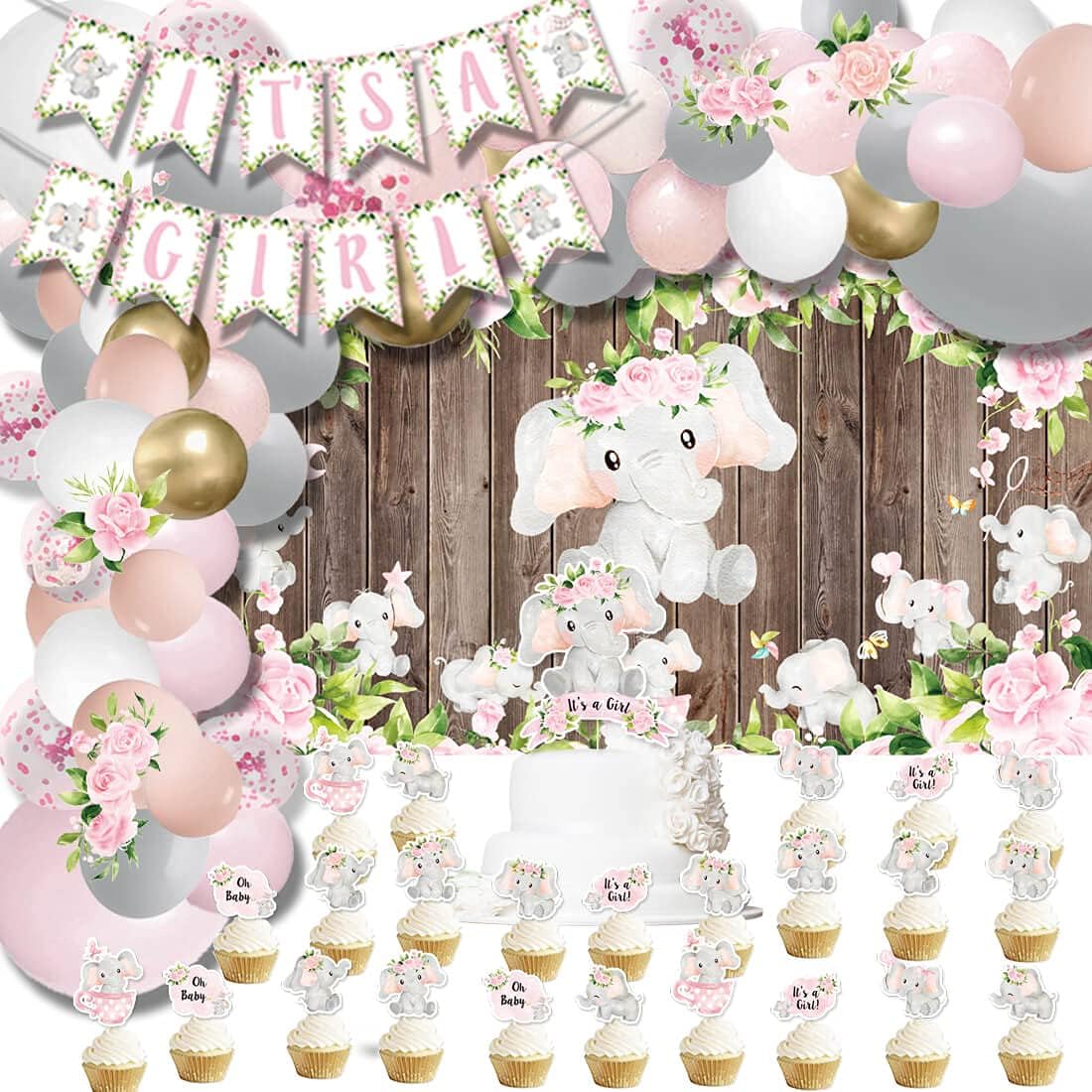 Pink Elephant Party Supplies Cake Topper and Cupcake Topper It is A Girl Baby Shower Balloons Garland Backdrop Party Baby Shower Decorations