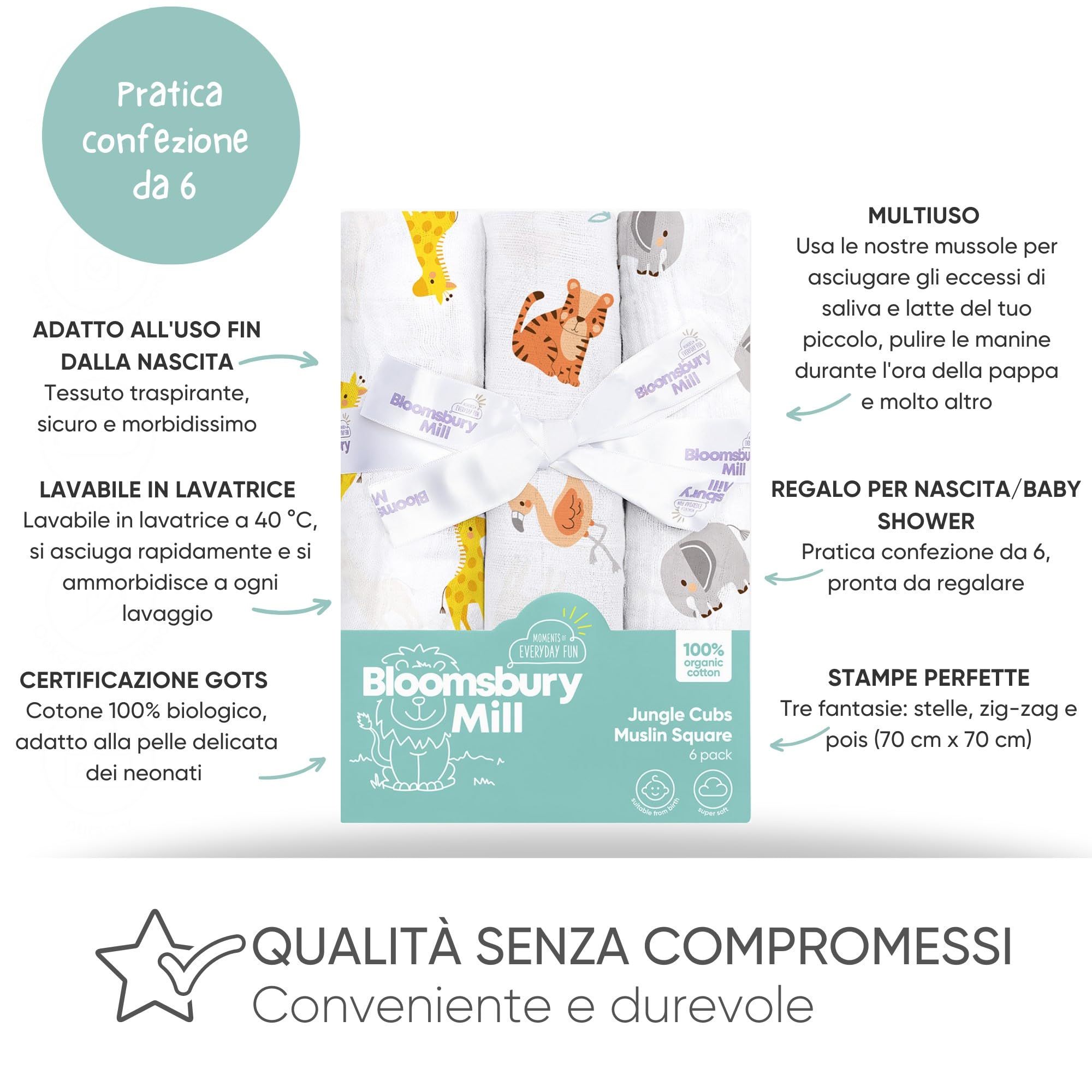 Teli In Mussola Cotone Bio Bloomsbury Mill - Set 6 Pezzi 70x70cm, Rosa E Bianco, Per Neonati - Foto 5