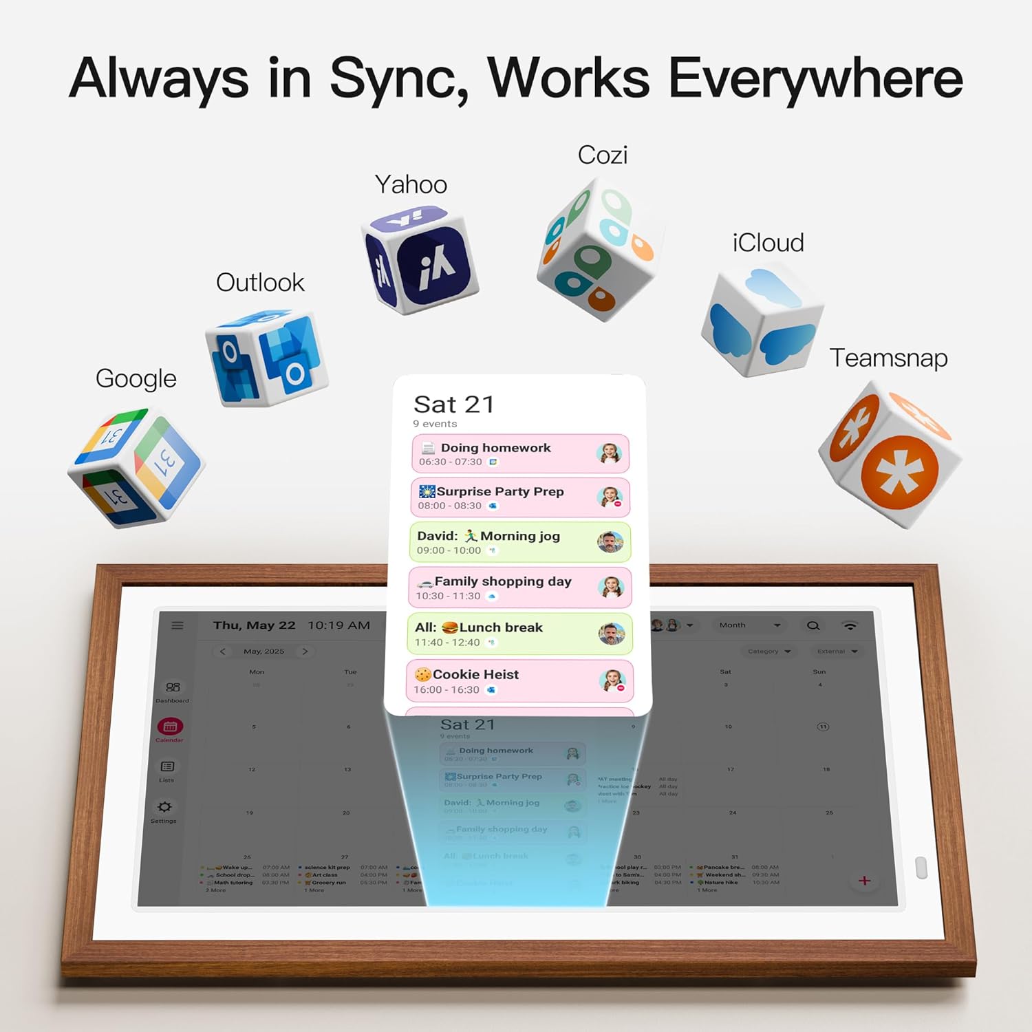 Digital calendar displaying events, surrounded by icons representing various compatible calendar services like Google, Outlook, Yahoo, Cozi, iCloud, and Teamsnap.