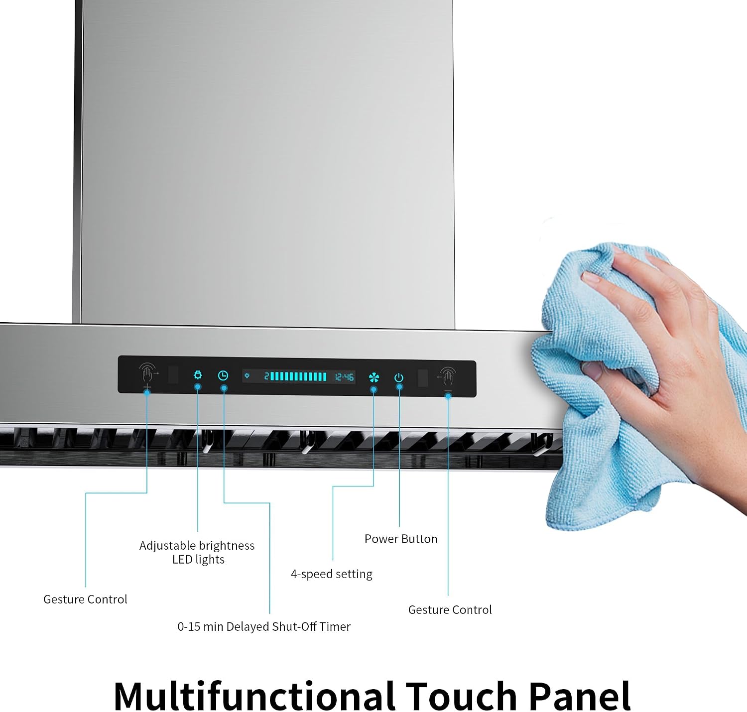IKTCH 36 Inch Wall Mount Range Hood with 1200 CFM, 4-Speed Fan, Ducted Range Hood, Gesture Sensing & Touch Control, Durable Stainless Steel IKP01-36