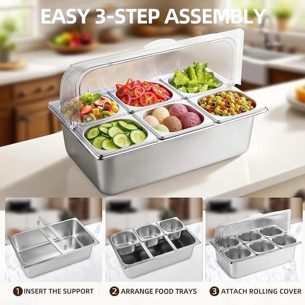 Vitrina refrigerada para ensaladas y especias, de acero inoxidable contenedor expositor de sobremesa para alimentos con hielo ideal para restaurantes, hoteles (6 compartimentos)