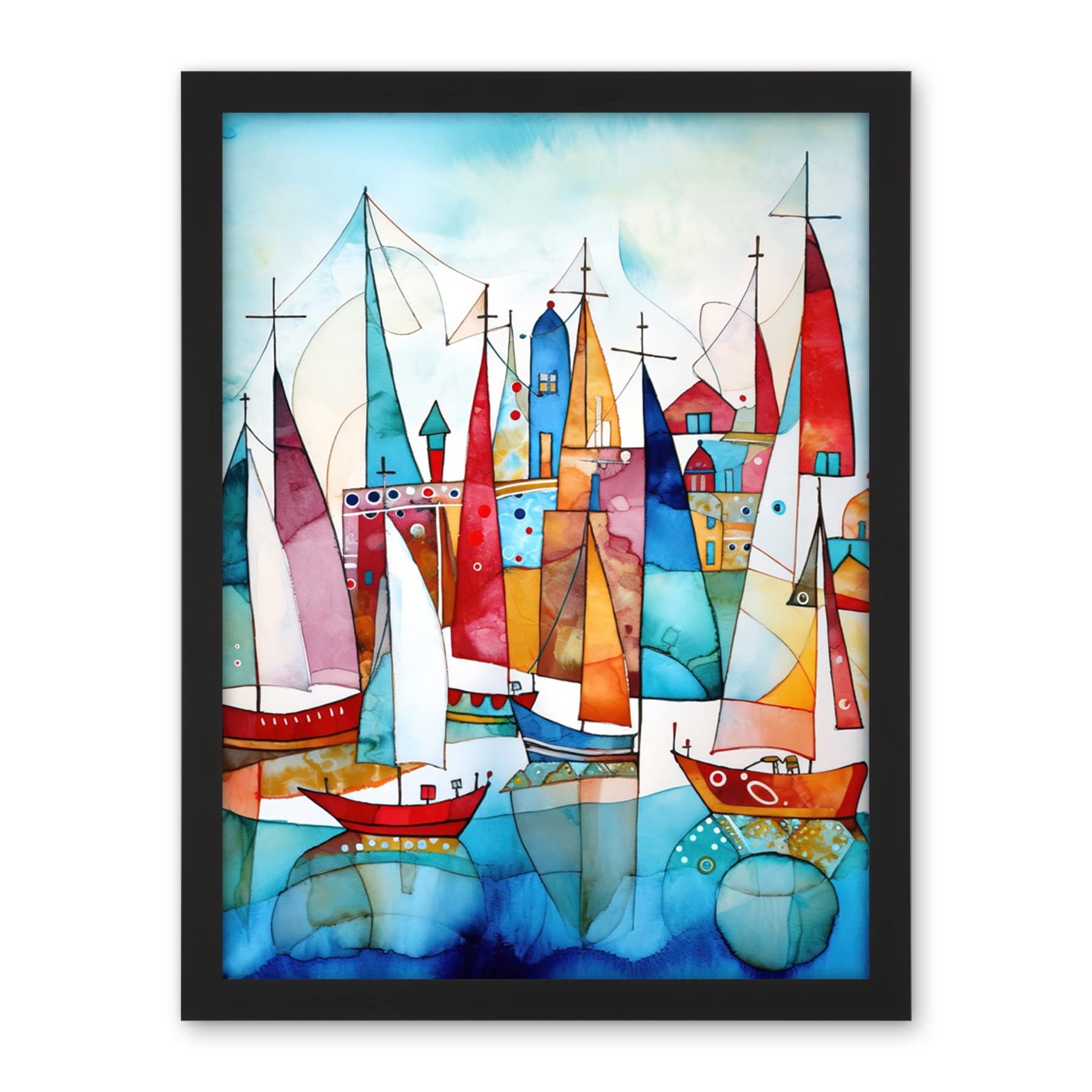 Artery8 Harbour Boats Abstract Folk Art Watercolour Painting Artwork Framed Wall Art Print 18X24 Inch