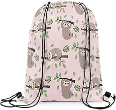 Erosebridal Pink Drawstring Backpack 13x15.7, Kawaii Cute Sloth Drawstring Bags, Cartoon Animal Print Foldable Draw String Back Bag For Sport Gym, Botanical Decor Green Leaves String Backpack