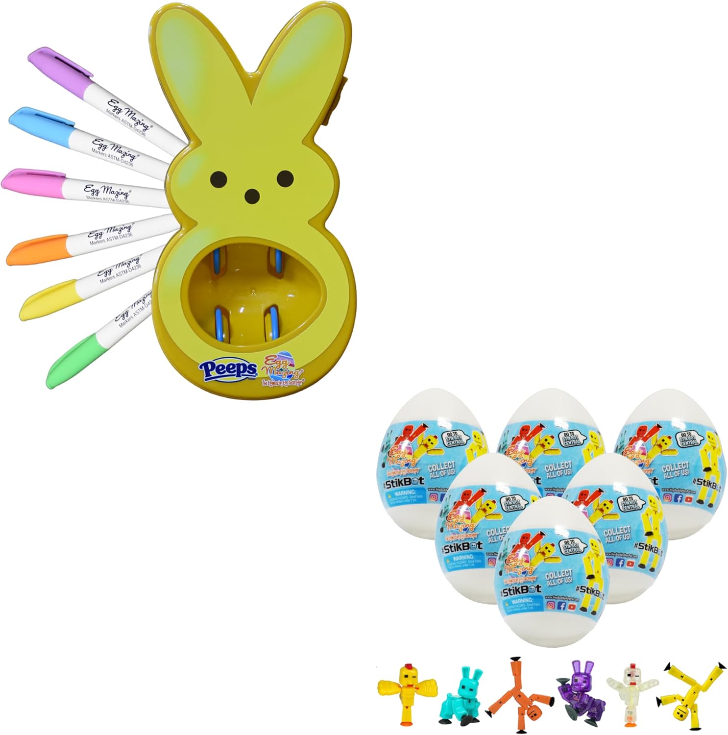 The Eggmazing Easter Egg Decorator - Peeps Bunny - Arts and Craft Set Includes 6 Colorful Markers (Yellow) + The EggMazing StikBot Egg (6 Eggs)