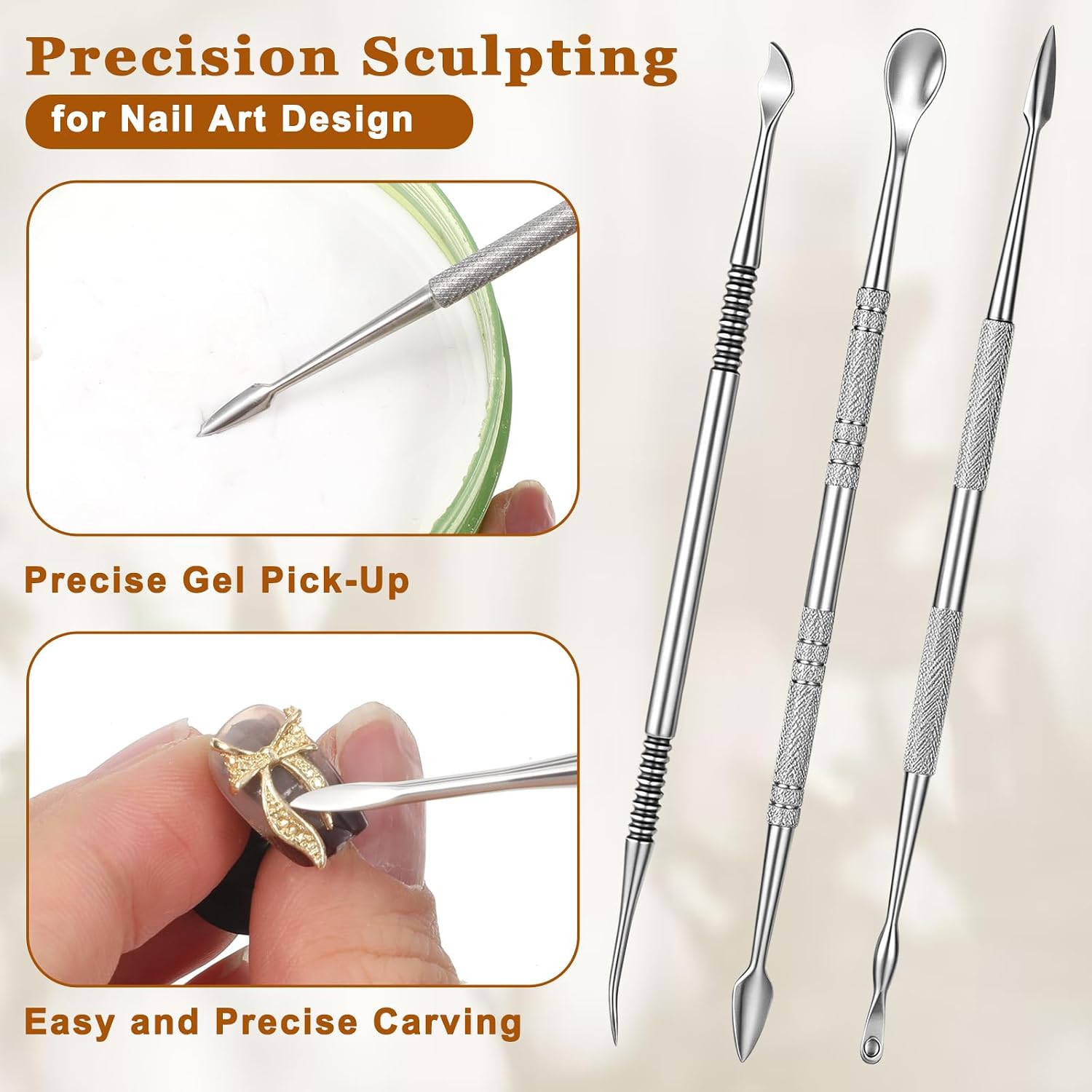 3pcs 3D Nail Art Sculpting Tools Set Nail Art Sculpture Pen Double-Heads Stainless Steel 3D Gel Sculpting Pens Solid Builder Gels Nails Dotting Tool Acrylic Powders Flower Design Carving
