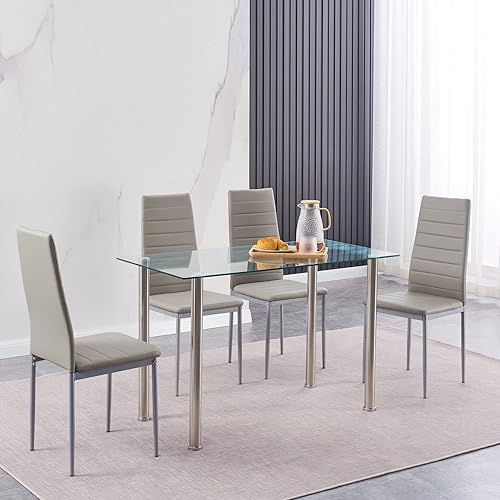 Miniatura 7 de ROZHOME Juego de mesa de comedor para 4, 5 piezas de mesa de cocina y sillas con tablero de vidrio templado transparente y 4 sillas de cuero