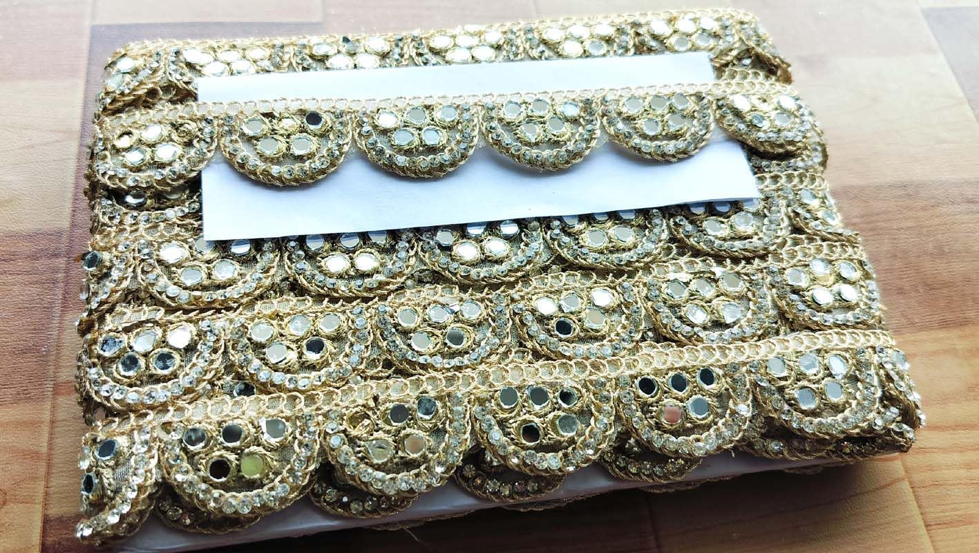 Indian Real Mirror and Zircon Work lace 9 Yard Indian Trim and lace Golden Blouse,Dress,Lehenga,zari Thread,Mirror Lace and Border Material for Sarees,chunni,Dupatta,Choli