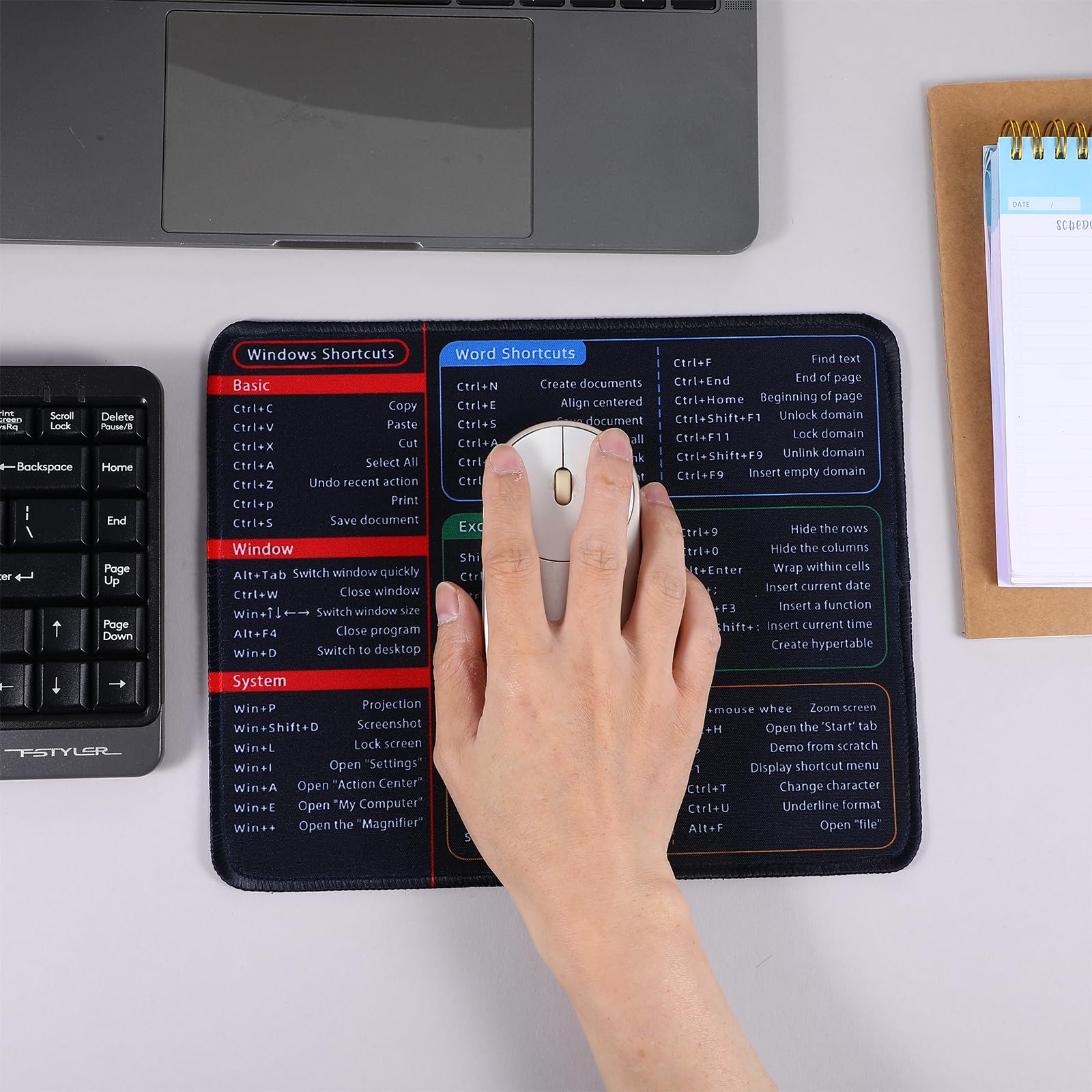 Kinevolve Mouse Pad for Excel Shortcuts – Small Excel Spreadsheet Cheat Sheet Desk Pad – 11.8x9.8 Portable Computer Mousepad – Gaming, Office, Waterproof, Non-Slip, Stitched Edges