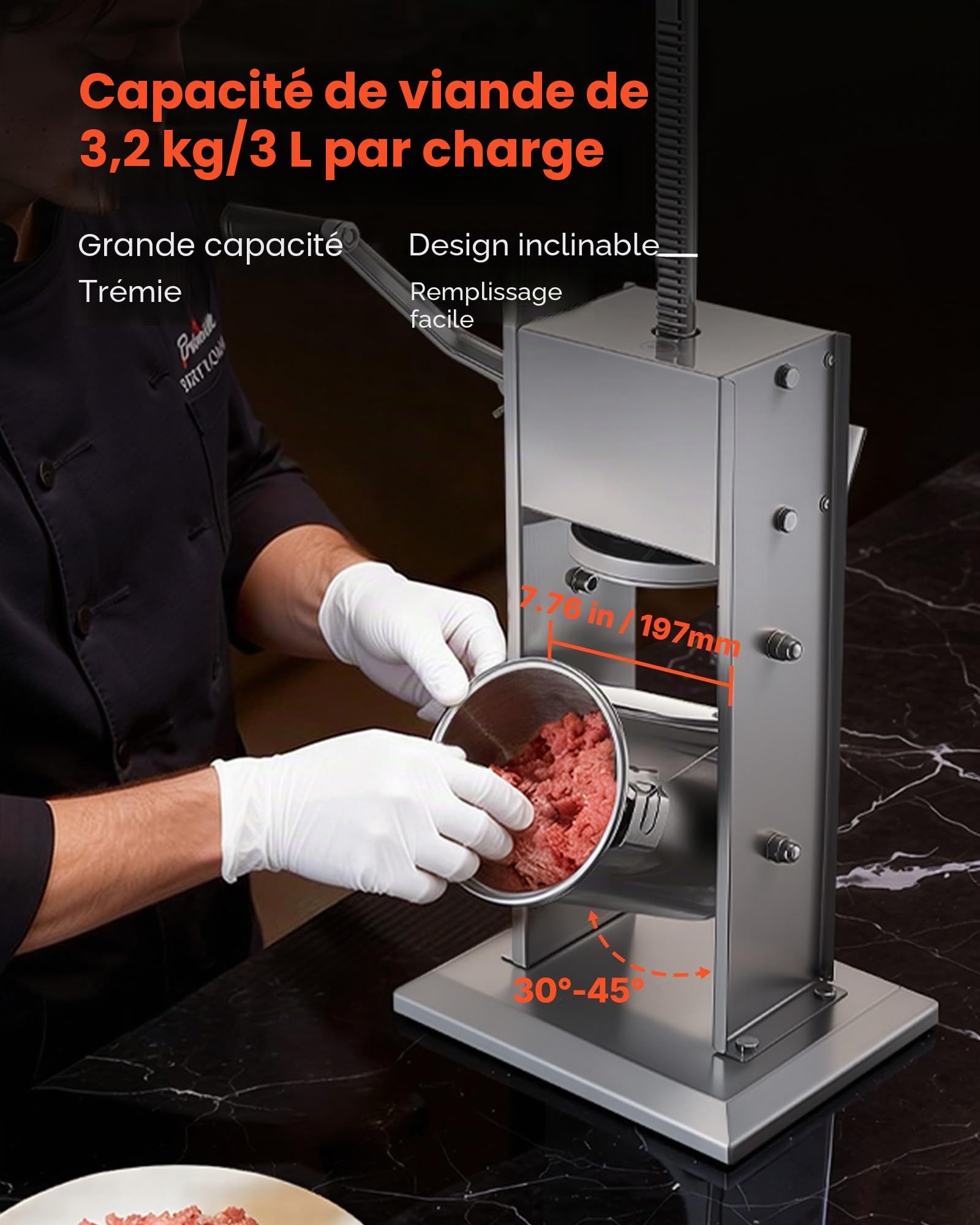 VEVOR Poussoir à Saucisses Manuel 3 L, Machine à Saucisses Verticale, Appareil pour Remplissage de Saucissons Restaurant Boucherie Maison, en Acier Inoxydable, Deux Vitesses, 5 Tubes de Remplissage