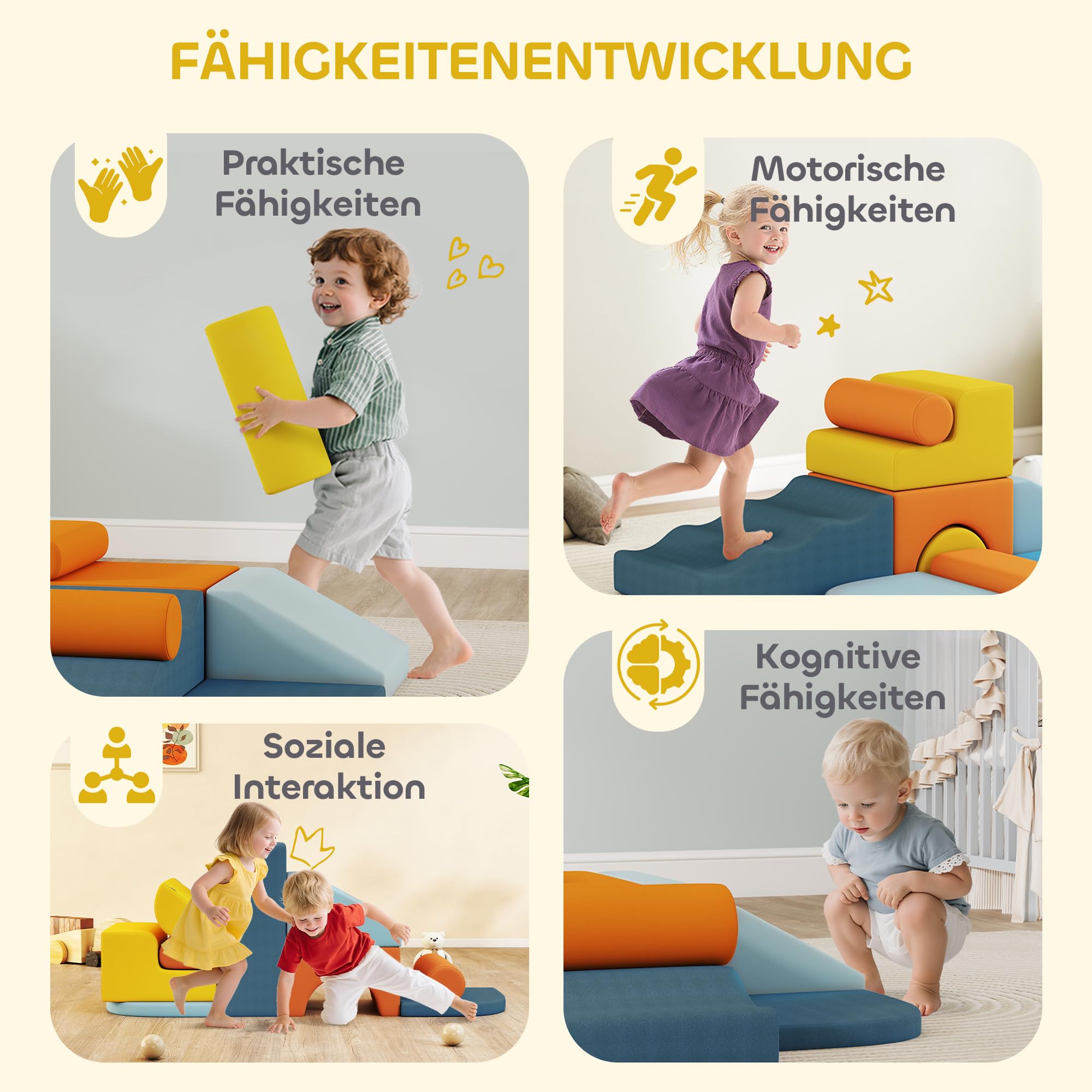 AIYAPLAY Schaumstoff Bausteine 9-TLG. Kinder Softbausteine Bausteinset mit abnehmbarem Bezug Klettern Großbausteine mit Cord-Optik Bauklötze Bunt