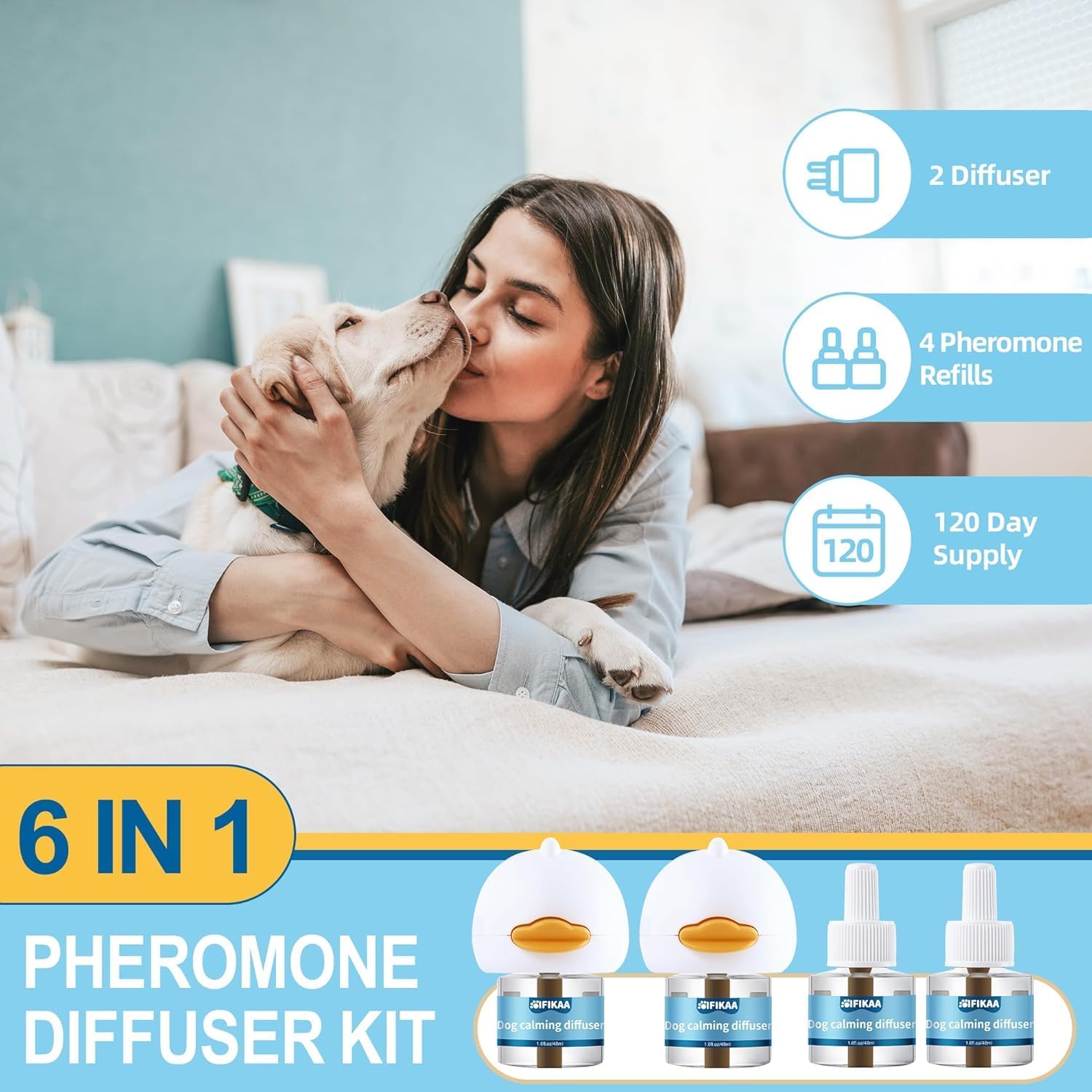 Dog Calming Diffuser 6-in-1 Kit Dog Appeasing Pheromone Relief Separation Anxiety, Equipped with 2 Plug in + 4 Refills 48ml Vial, Reduce Aggression Barking, Supply for 120 Days-Tasteless