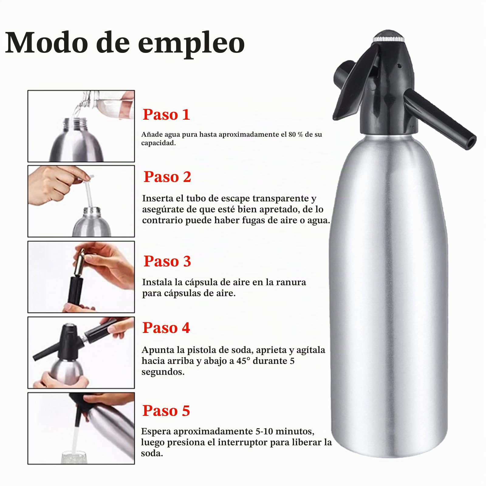 Sifón portátil de refresco de aluminio para el hogar, 1 litro, para hacer agua carbonatada, kit nostálgico de agua con gas para refrescar seltzer, cócteles, jugos y bebidas gaseosas (plata)