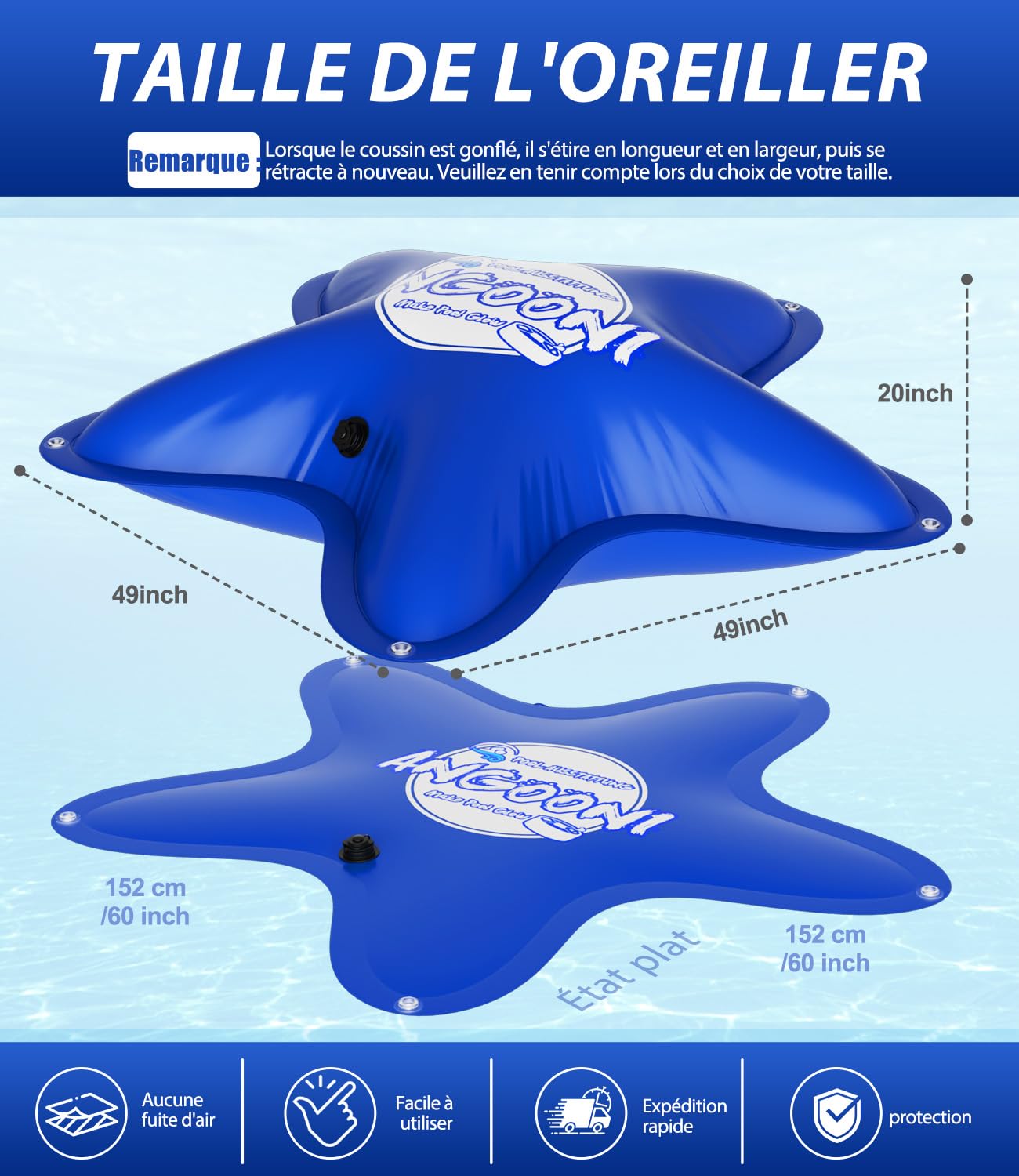 Angooni Coussin de piscine d'hiver 150 × 150 cm XXL avec double couture pour couverture de piscine – Coussin de piscine pour l'hiver avec valve Boston double inflation