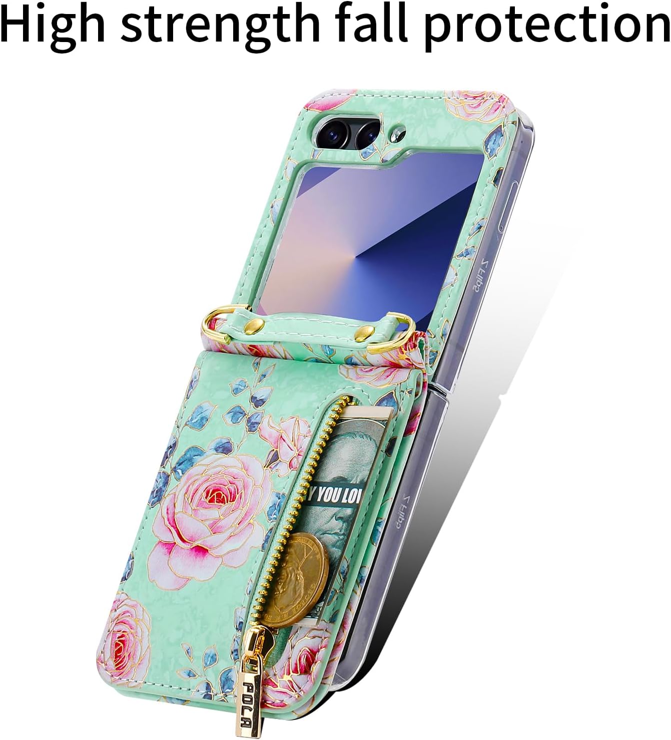 for Samsung Galaxy Z Flip 6 Flower Credit Card Holder Wallet Case with Strap, Rose Pattern Crossbody Purse Floral Kickstand for Women, Cute and Charming.(Cyan)