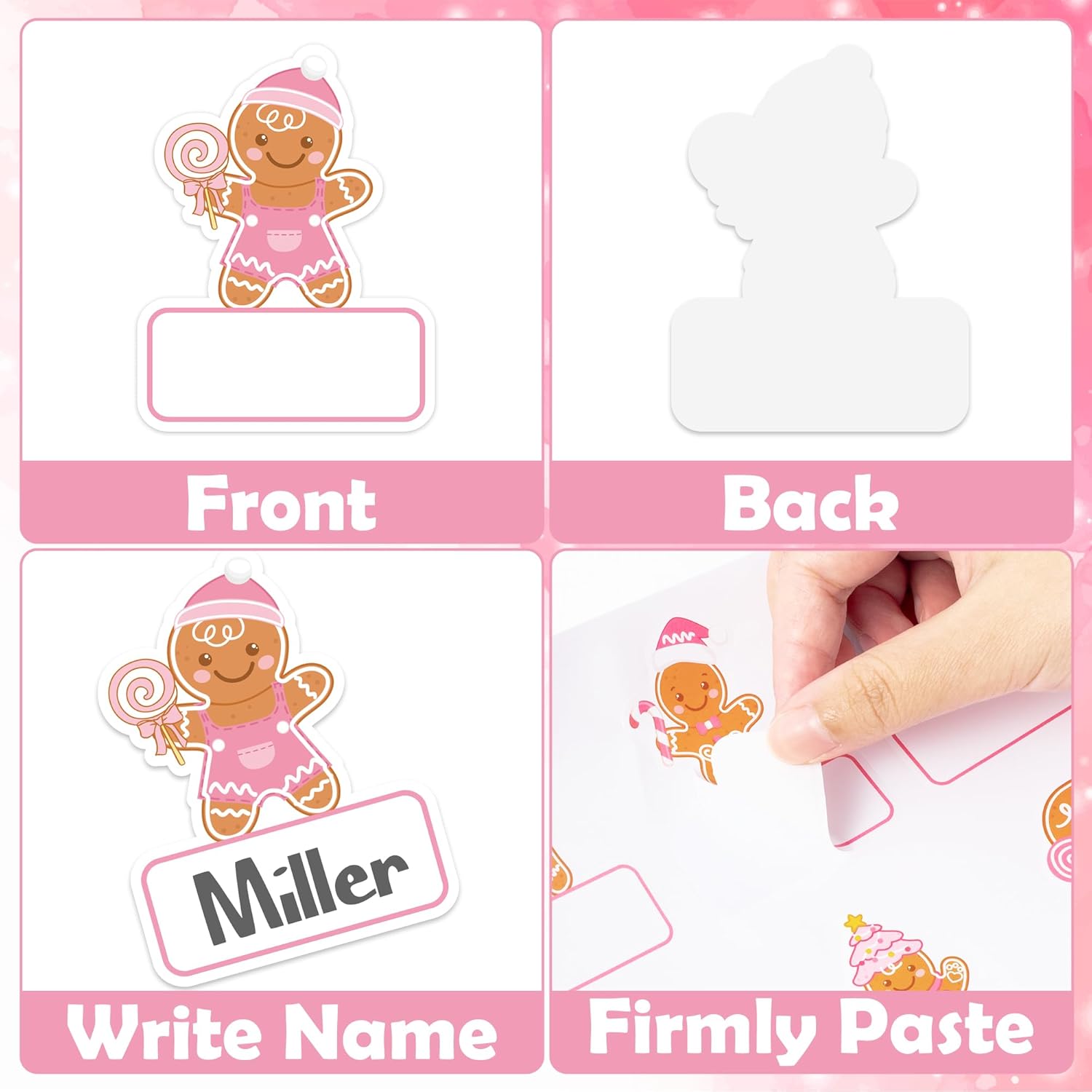 Christmas Name Tags Sticker Set - 210Pcs Merry Christmas Pink Vintage Self-Adhesive Labels Bulk, 15 Designs Winter Holiday Xmas Paper Gift Name Tags for Envelope Gifts Bag Box (Gingerbread Man) - Image 3
