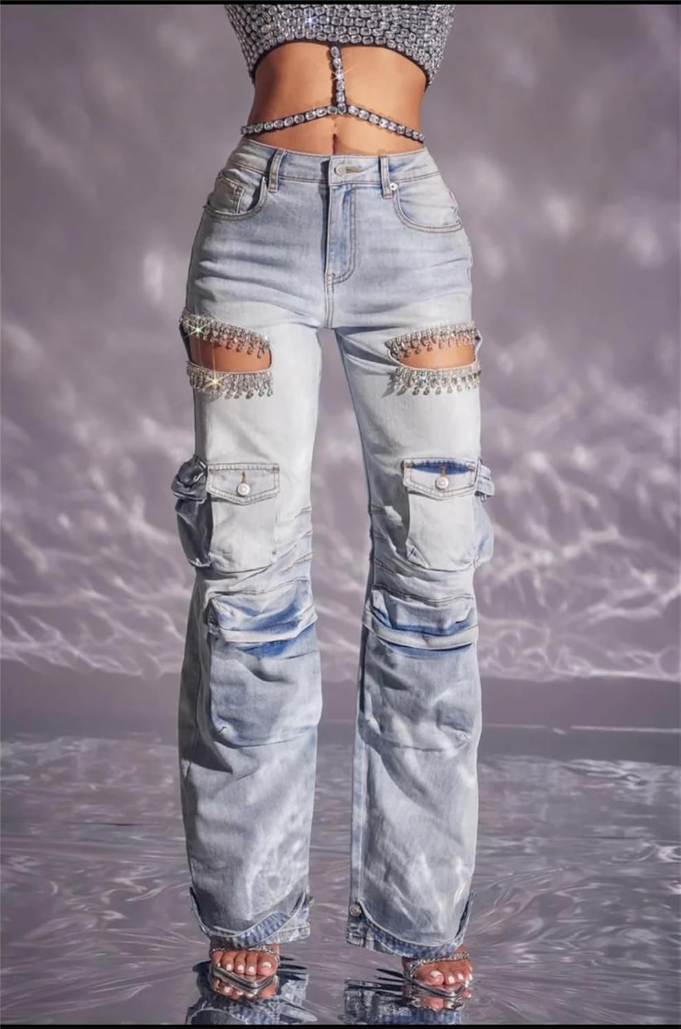 Women's High Waist Baggy Cargo Jeans Sexy Rhinestones Ripped Straight Wide Leg Denim Pants Y2K Streetwear with Pockets - Image 4