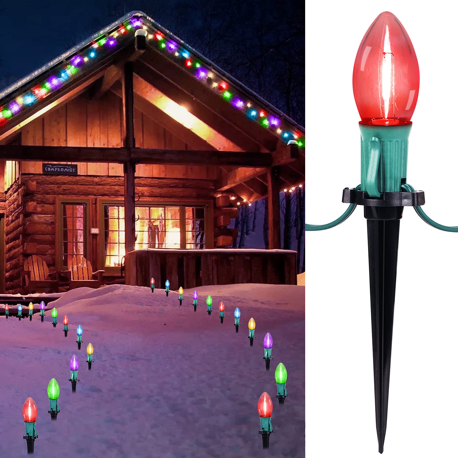 C9 Christmas String Lights Outdoor - 25.7 Feet 20 LED Christmas Pathway Lights with 20 Stakes Connectable Waterproof for Driveways Xmas Holiday Patio Decoration, Multicolored