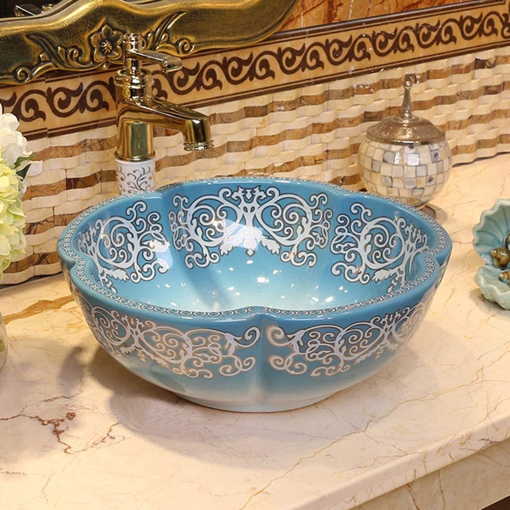 Meuble sous-Vasque avec lavabo, lavabo de Salle de Bain, lavabo à comptoir, lavabo à comptoir Bleu, lavabo en céramique géométrique, Maison, Balcon, Jardin, évier en Forme de Fleur