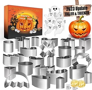 IWPTY 43 PCS Pumpkin Carving Kit for Kids Adults, Halloween Pumpkin Easy Made Stencils, Stainless Steel Pumpkin Safe Carver Tools Kits - 2023 Version (20 Pcs with 2 String Lights & 21 Ghost Stickers)