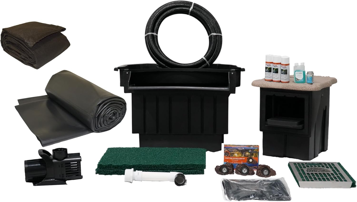 HALF OFF PONDS PondBuilder Elite 10,000 GPH Submersible Pump Pond Kit with 40' x 50' EPDM Rubber Pond Liner, 30" Waterfall, 10" Skimmer, Lighting & Plumbing