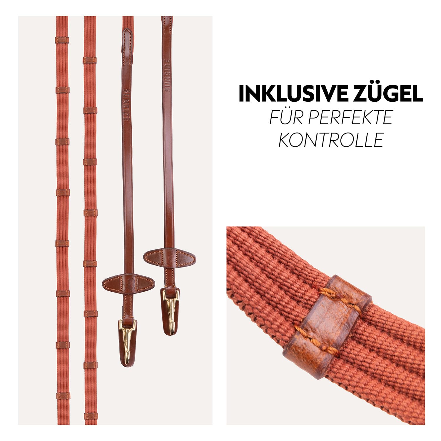 SUNRIDE Briglia inglese combinata per cavalli (Berlino) – con redini – vera pelle morbida – imbottitura extra – anatomica, regolabile – Click&Ride – fatta a mano – antiruggine (cognac, Full (WB))