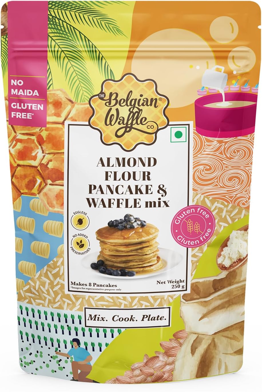 The Belgian Waffle Co Almond Flour Pancake & Waffle Premix, No Maida, 100% Vegetarian and Eggless, No Added Preservatives and Gluten Free, Instant Breakfast Mix - 250gm (9 Pancakes Each, Pack of 1)