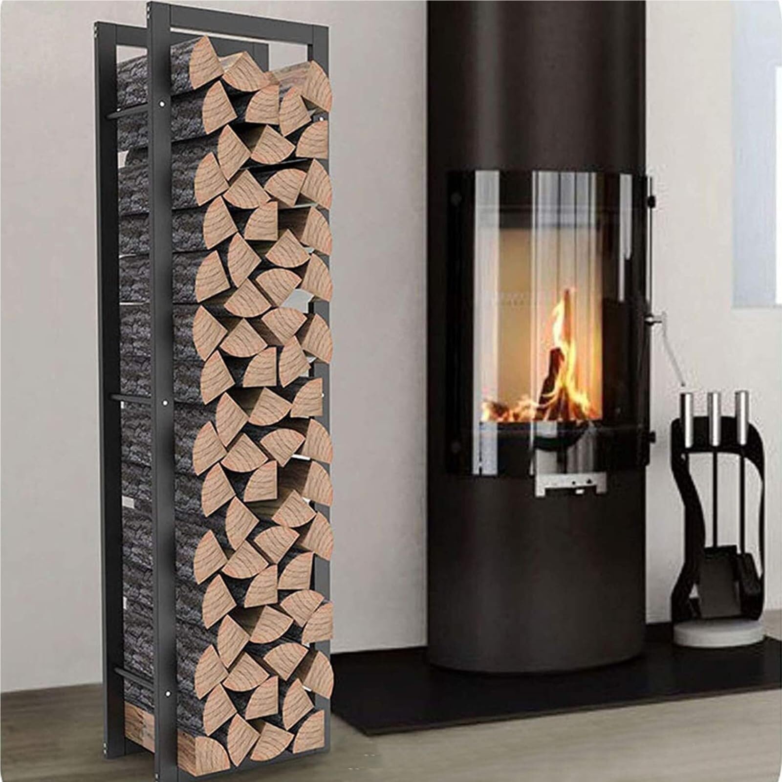 Leñero Alto de Metal para Interior, Soporte de Leña para Chimenea y Estufa, Estantería para Troncos, Negro, Secado y Apilado de Leña