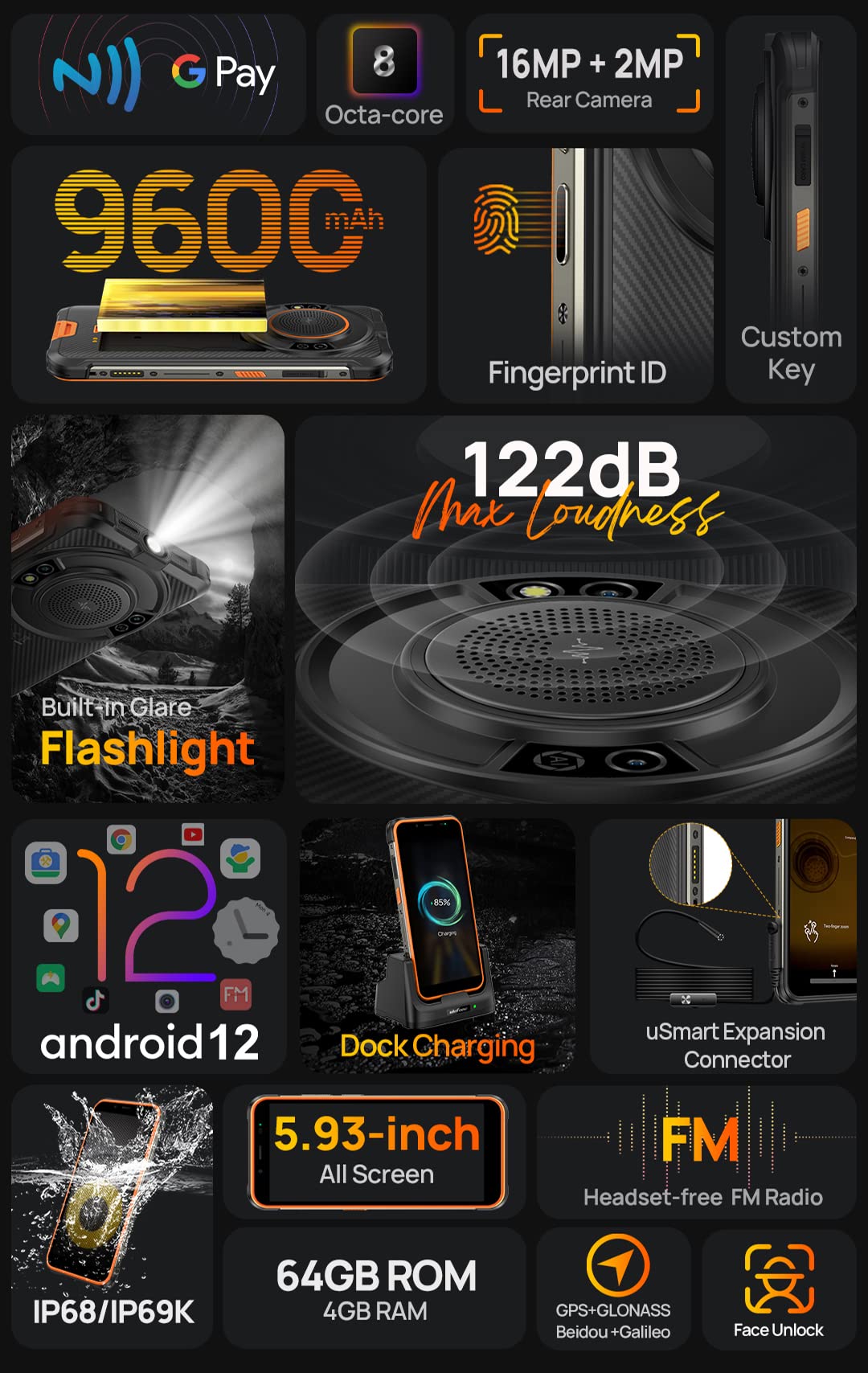 Smartphone Rugged Ulefone ARMOR 16 PRO Android 12, Altoparlante 122dB, 9600mAh Batteria, Torcia Antiriflesso, Fotocamera 16MP+8MP, 4GB+64GB, 5,93" IP68 Cellulare Robusto, Slot Per 3 Schede, Arancia