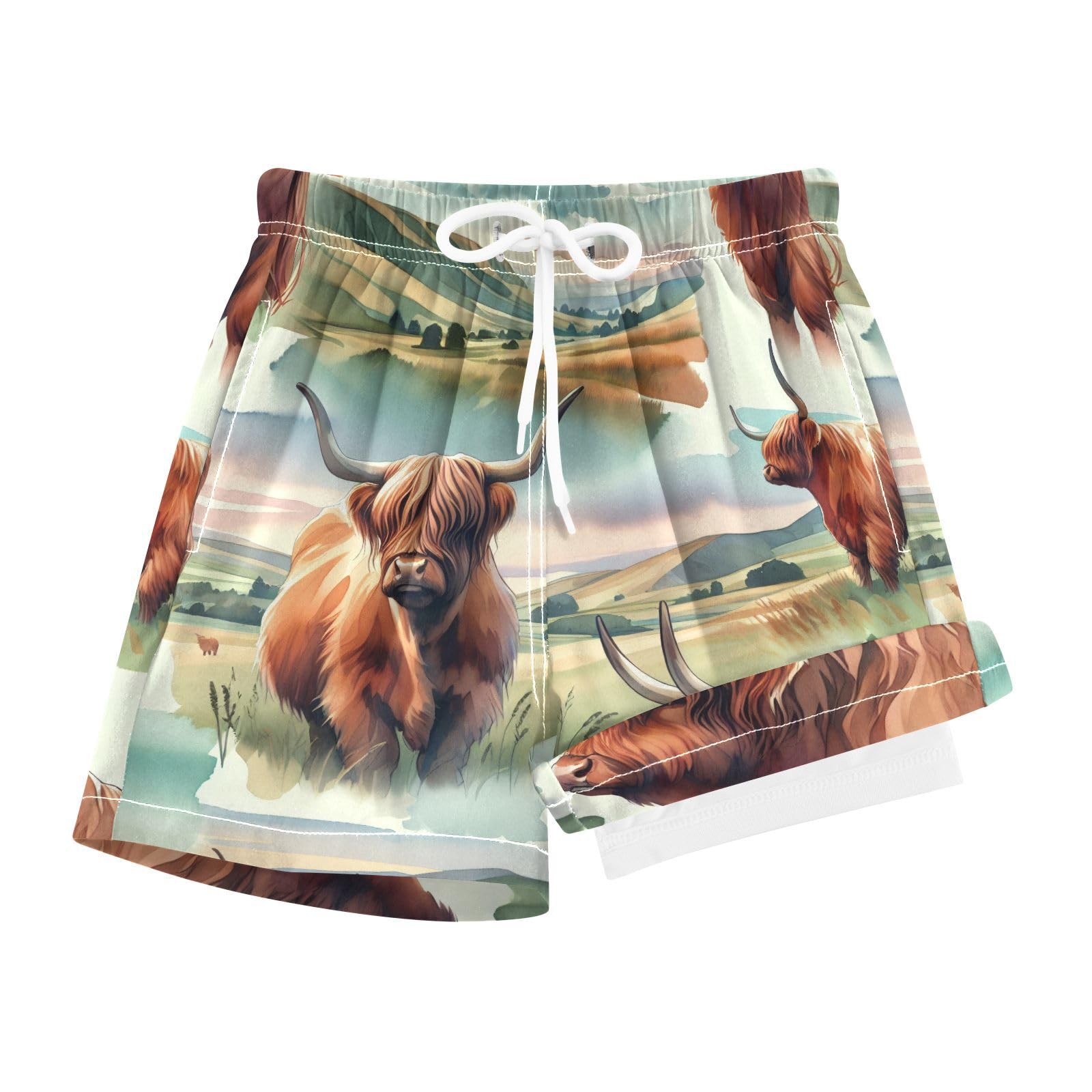 YANENDIE Boy Swim Trunks with Compression Liner Watercolor Highland Cows Boys Swim Shorts Quick Dry Beach Shorts