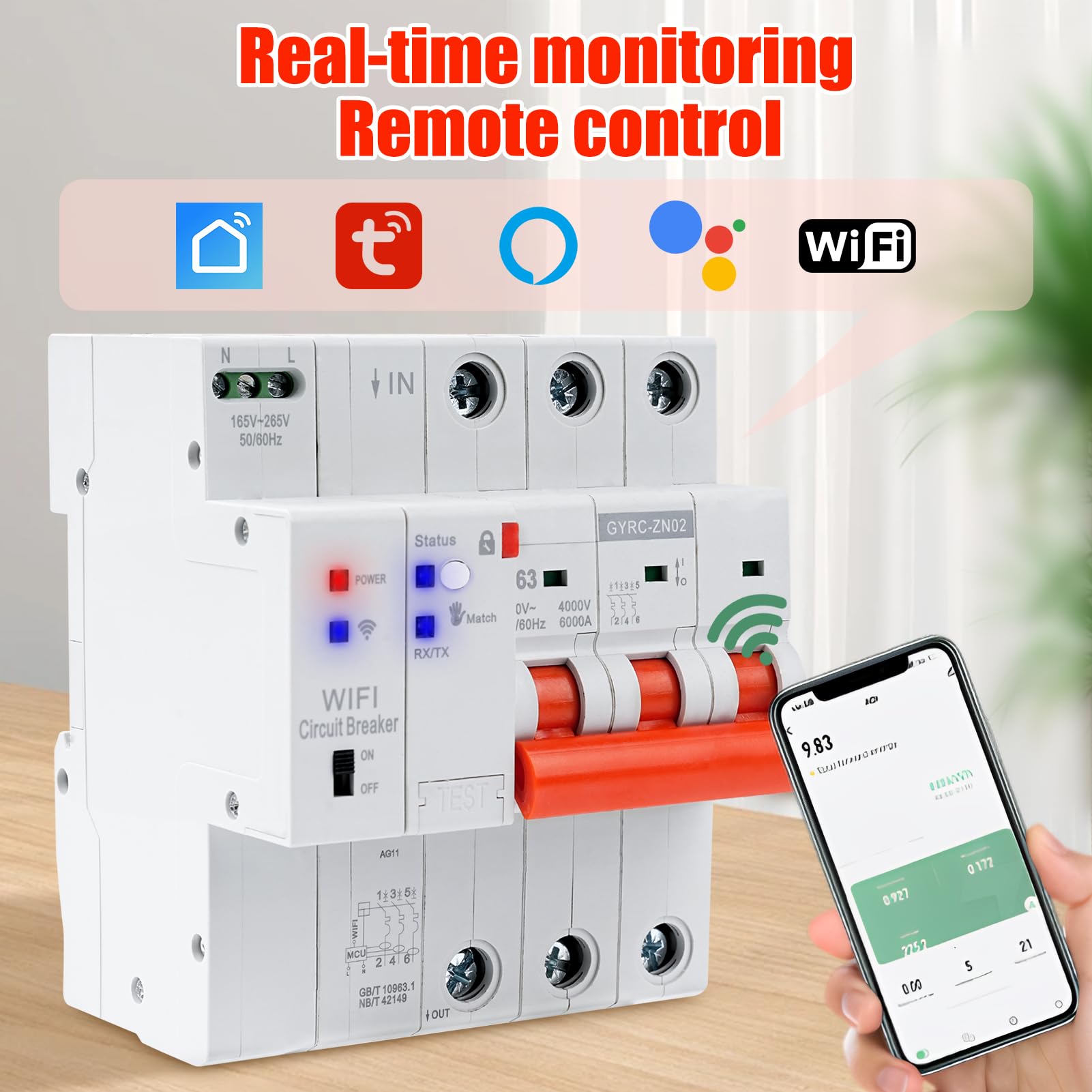Jadeshay Tuya Smart wyłącznik nadprądowy WLAN 63 A, inteligentny wyłącznik automatyczny, z ochroną przed zwarciem/zbyt niskim napięciem, zdalne sterowanie (3P63A)