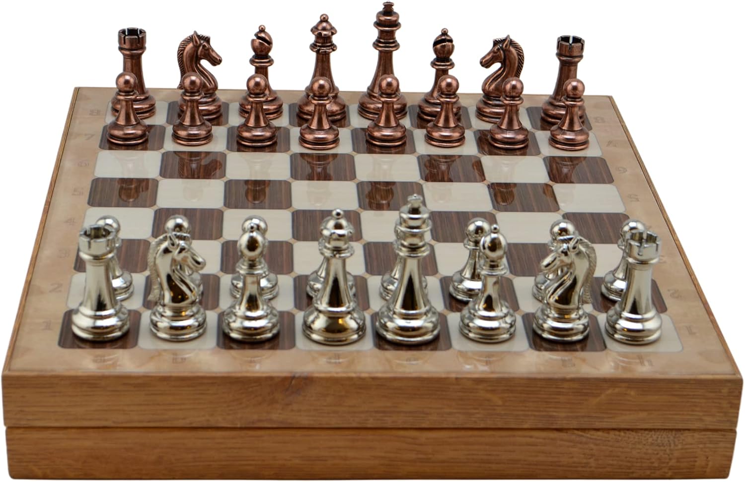 Antique Copper Classic Metal Chess Set for Adults,Handmade Pieces and Different Design Wooden Chess Board with Storage (Rustic)
