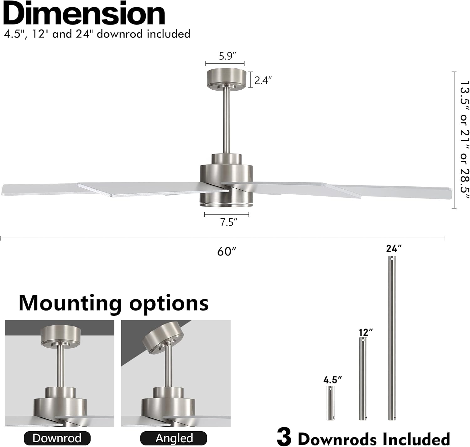 WINGBO 60" Large DC Ceiling Fans with Lights and Remote, 3 Downrods, 8 Plywood Blades, 6-Speeds Reversible DC Motor, 3CCT, Indoor Ceiling Fan for Bedroom Living Room Patio, Brushed Nickel and Silver