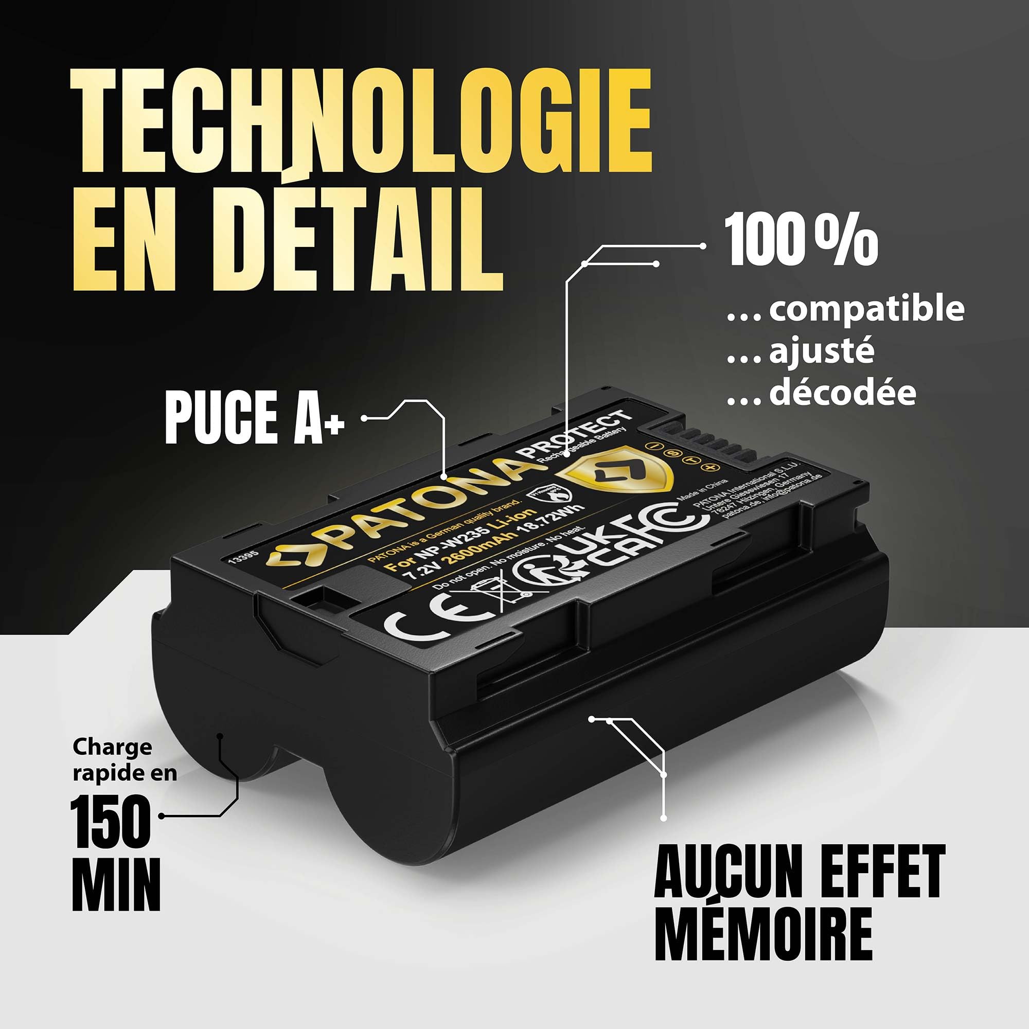 PATONA Protect NP-W235 Batterie 2600mAh – Remplace Fujifilm NP-W235 – pour X-T4, X-T5, X-H2, X-H2S, X-S20, GFX-50S II, GFX-100S, GFX-100 II, GFX100RF – boîtier V1 et capteur NTC, Chaud et Froid