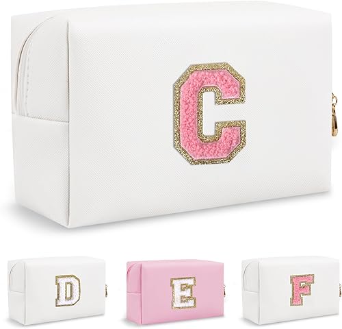 Bolsa de maquillaje preppy inicial personalizada Pequeña bolsa de carta de chenilla de viaje linda, blanco-1