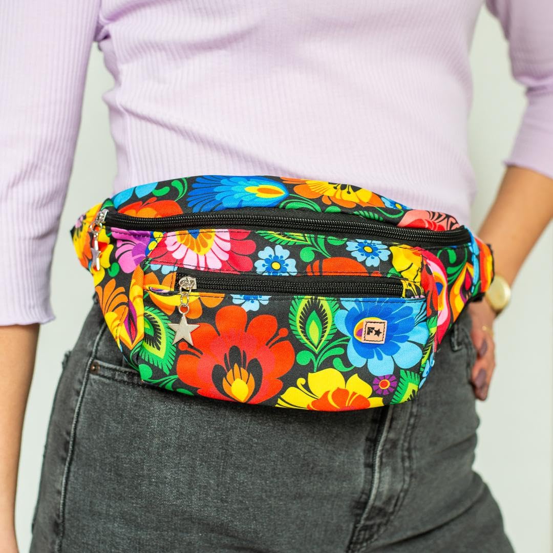 Torba nerka crossbody unisex z 2 kieszeniami na zamek błyskawiczny, kwiatowy wzór polski, pamiątka z Polski, Łowicz Czarny, One Size, Kwiatowy crossbody