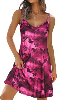 Womens Summer Dresses Spaghetti Strap V Neck Sleeveless Beach Sundress | 2026 Adjustable Spaghetti Straps Casual Sun dress,A-Line Flowy Deress with Pockets,Fashion Vacation hawaiian Outfits