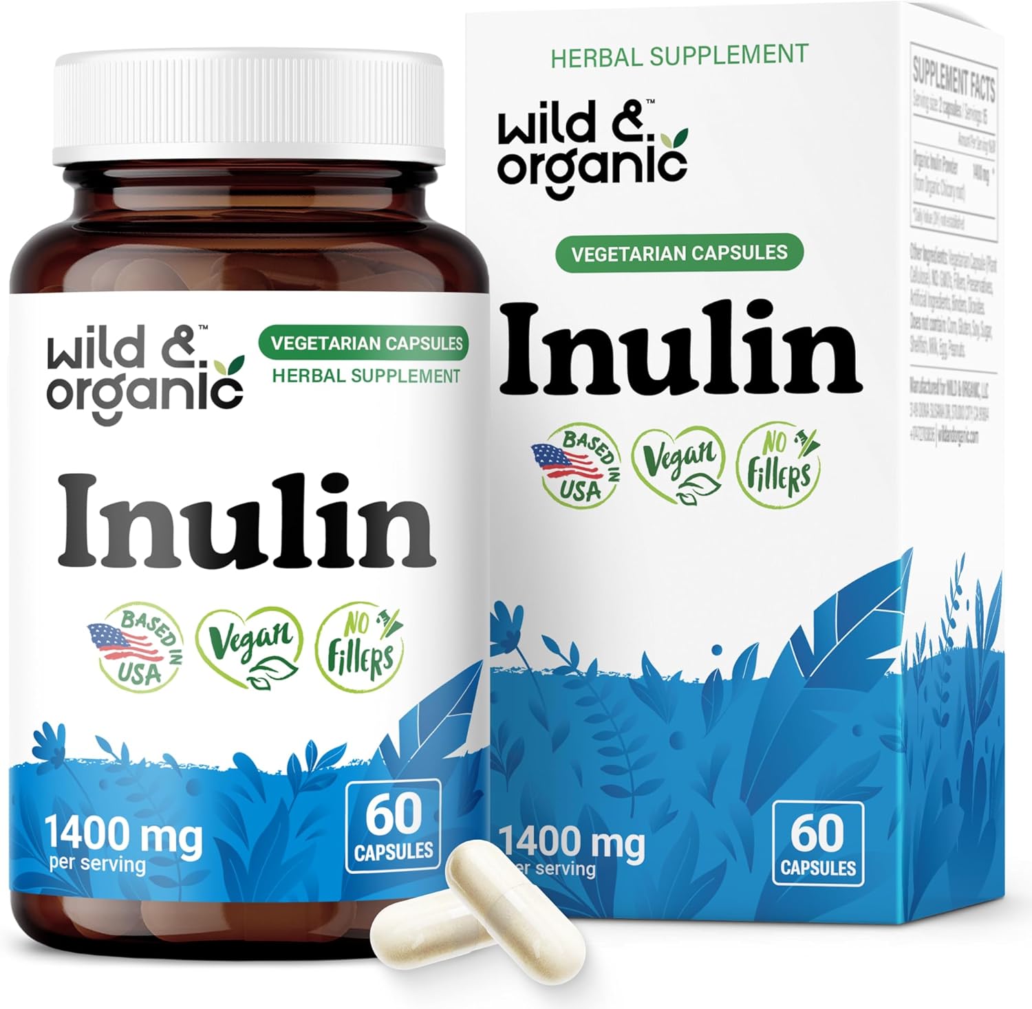 Wild & Organic Inulin Prebiotic Fiber Capsules 1400 mg - Digestive & Gut Support - Chicory Root Inulin Powder Supplement - Vegan, No Fillers, Non-GMO - 60 Count