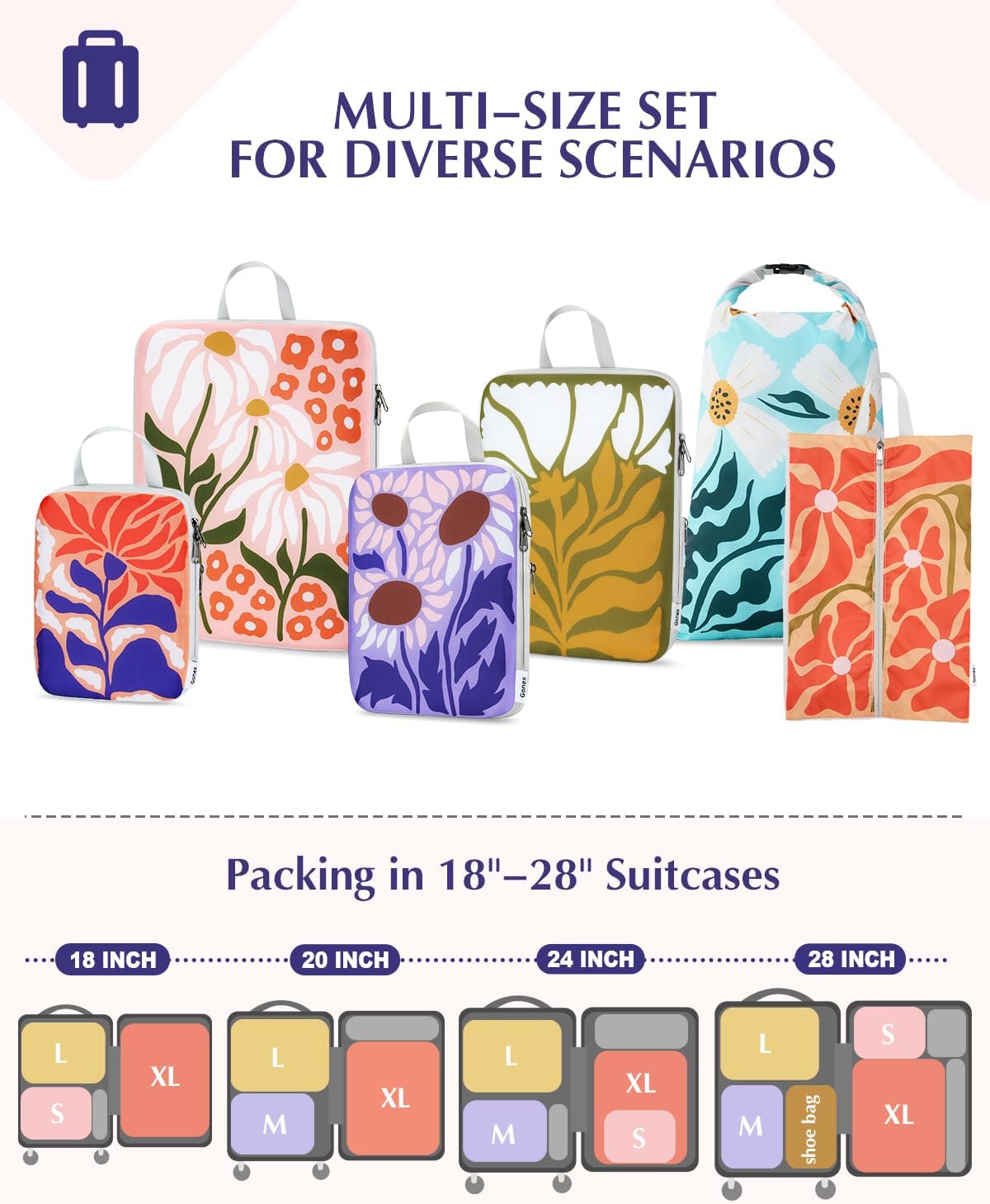 Gonex Compression Packing Cubes, 6pcs Expandable Storage Travel Luggage Bags Organizers with Shoe Bag Laundry Bag, Travel Cubes for Suitcase Carry On (Flowers) - Image 5