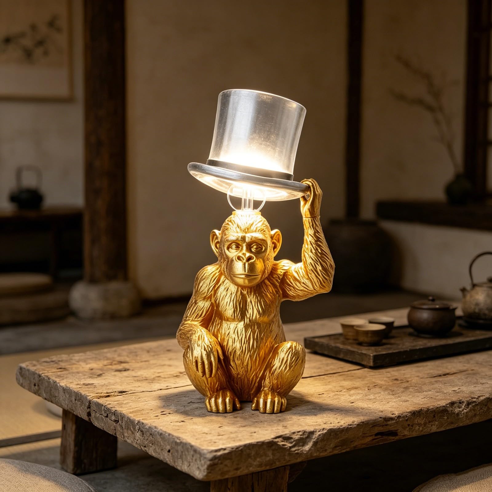 Monkey Table Lamp with Top Hat, Gold Monkey Lamp, Quirky Animal Sculpture Desk Lamp for Bedroom Living Room Office (Gold)