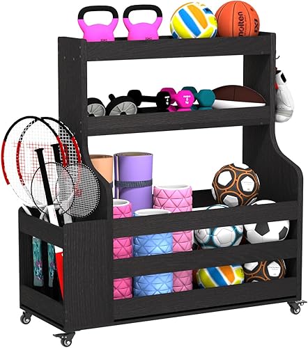 Weight Rack for Dumbbells, Home Gym Organizer Rack Yoga Mat Holder with Wheels and Hooks, All in One Workout Storage for Yoga Mat, Foam Roller, Gym