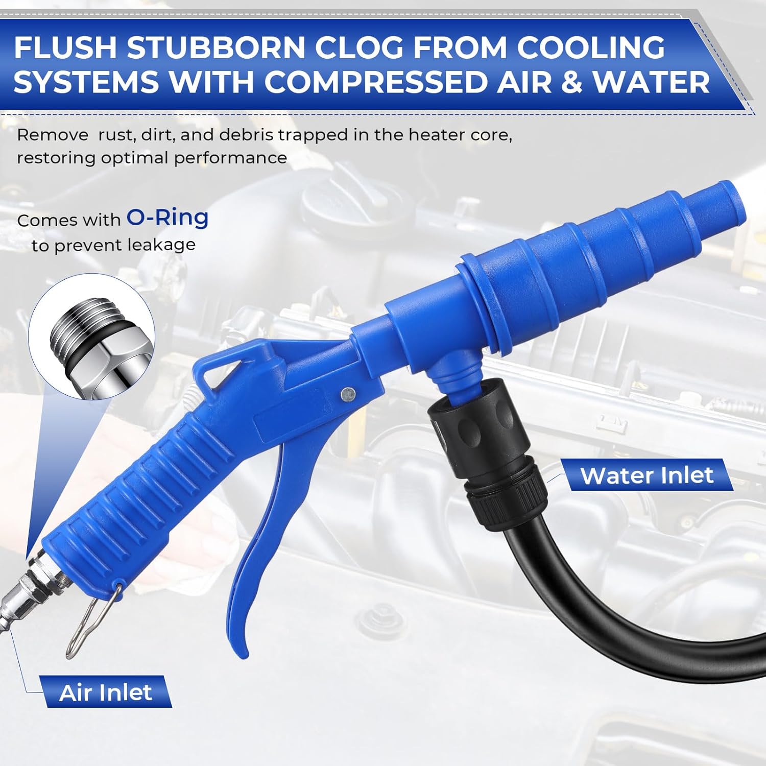 Coolant System Flush Gun, Lever Action Heater Core Flush Kit, Radiator/Cooling System Flusher, Air and Water Combo Flushing Set with Nozzles for 19-40 mm Hoses (Blue)