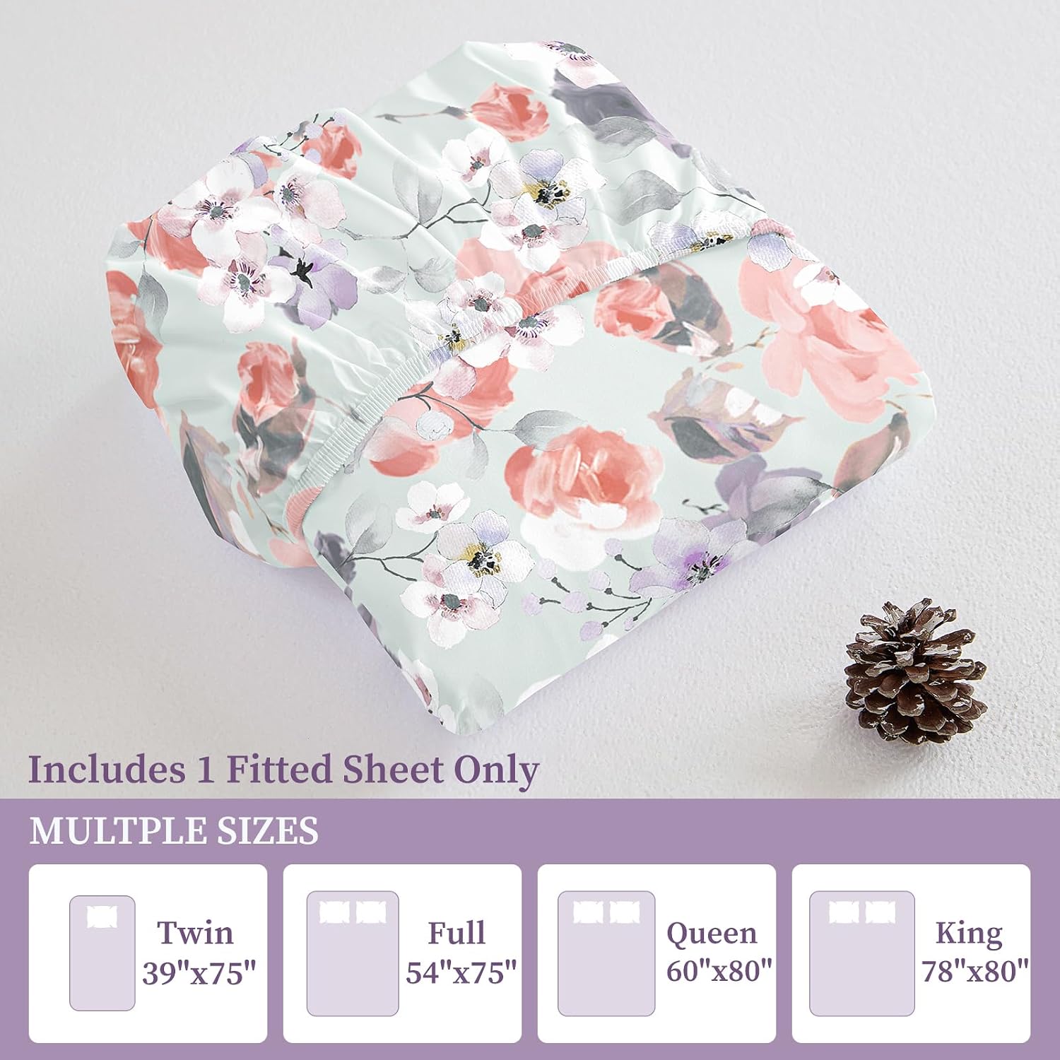 Floral Fitted Sheet Only, 100% Brushed Microfibre Deep Pocket Fitted Bottom Sheet, Ultra Soft, Shrinkage and Fade Resistant, Queen Size