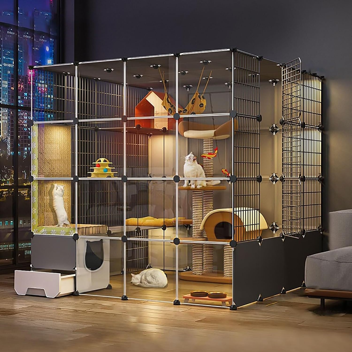 Large Indoor Cat Cage Playpen with Litter Box, DIY Detachable Metal Enclosure for Cats, Small Pets, Guinea Pigs, Rabbits (Black)(110x75x145cm)