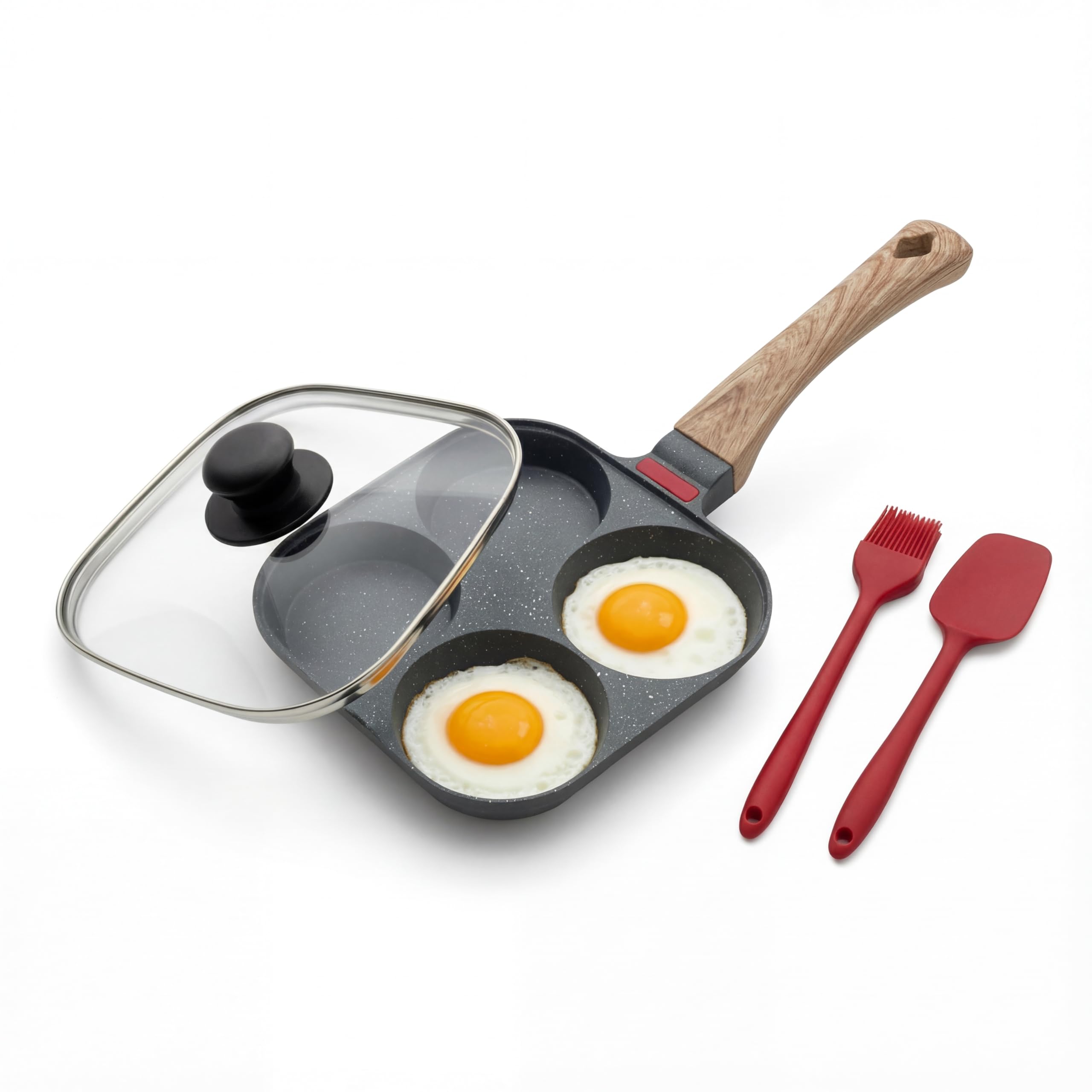 4-Cup Egg Frying Pan Nonstick with Lid – Square Omelet Pan for Eggs & Pancakes, Aluminum with Wooden Handle, Gas Induction Electric Stove Compatible, Includes Spatula & Brush