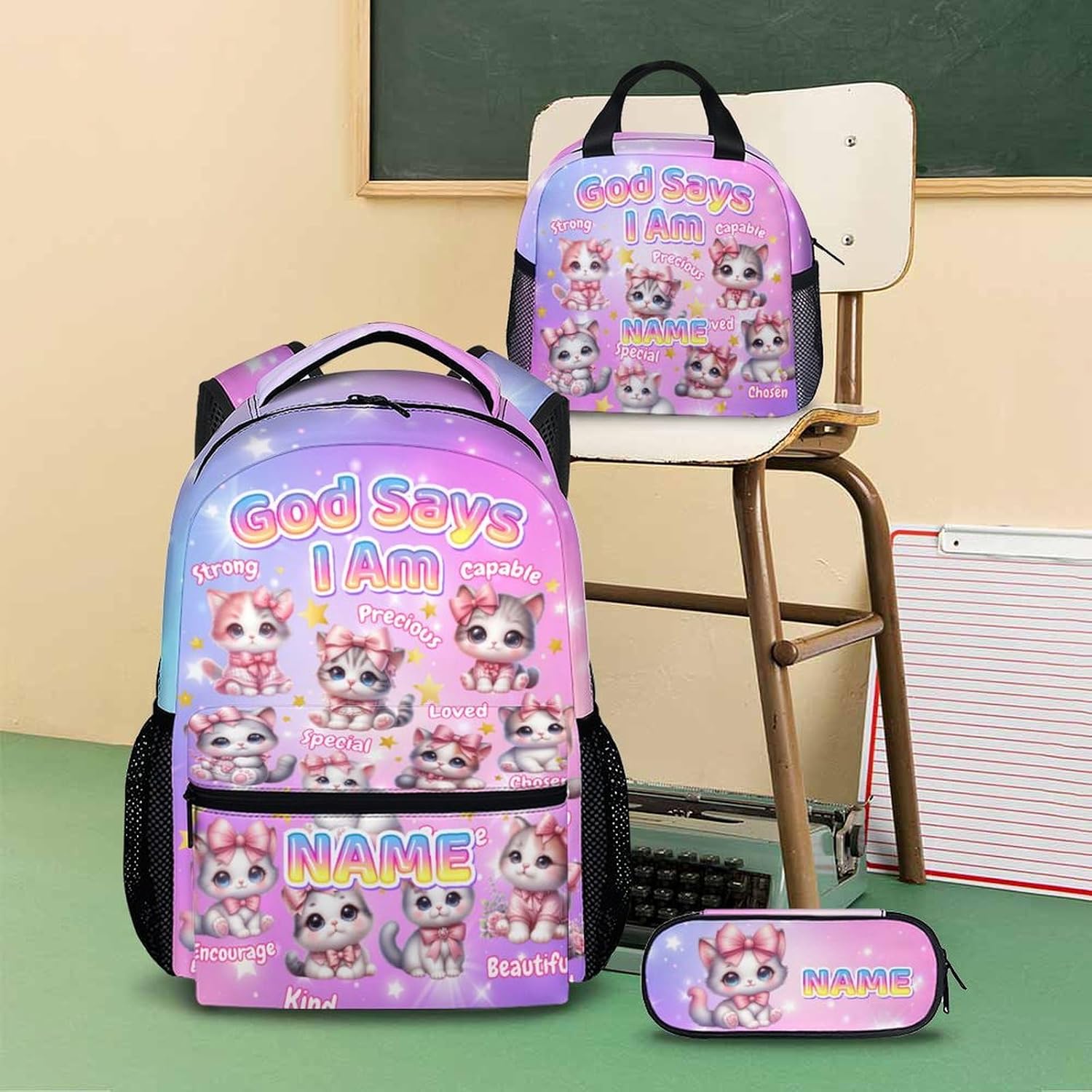 School Backpack for Girls, Custom Set of 3 Cat Backpacks with Lunch Box and Pencil Case for Elementary Preschool, Large Capacity God Says I Am Bookbag and Pencil Case Bundle for Kids Students
